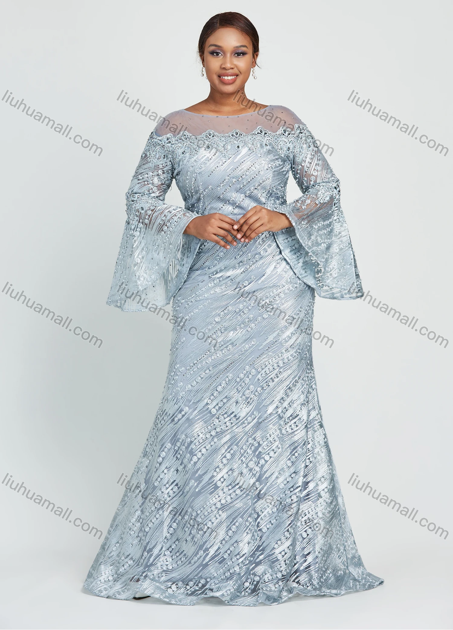 Wholesale Women's Glamorous Bell Sleeve Lace Mermaid Floor Length Evening Dress With Belt - Liuhuamall