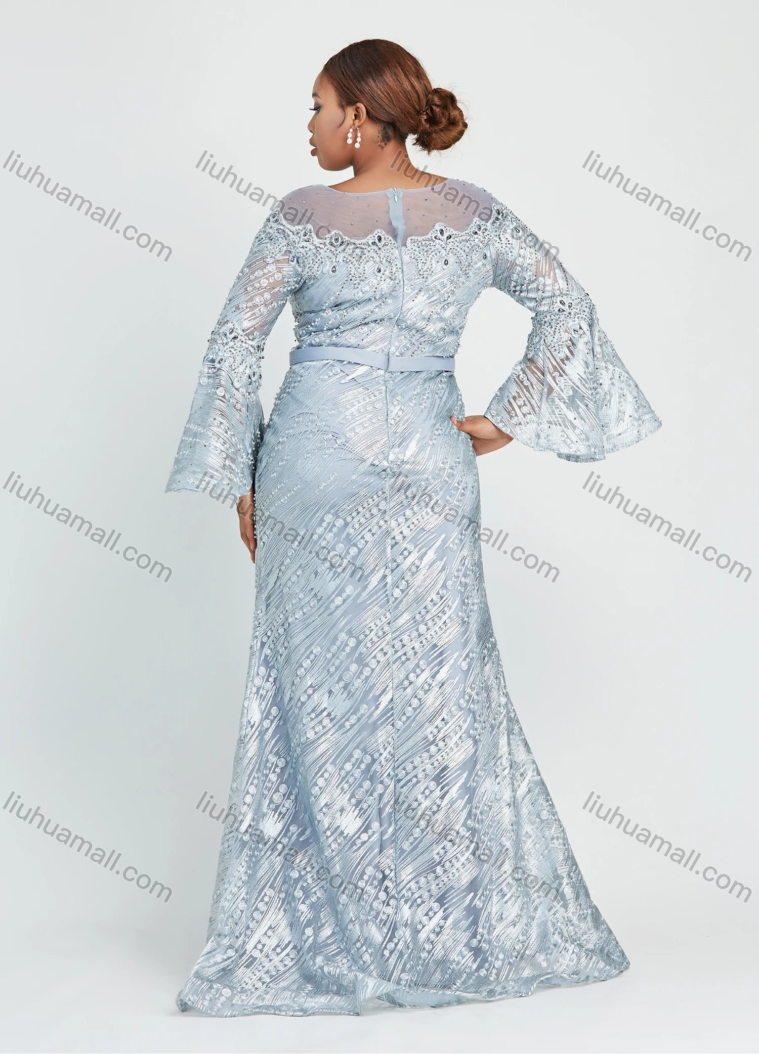 Wholesale Women's Glamorous Bell Sleeve Lace Mermaid Floor Length Evening Dress With Belt - Liuhuamall