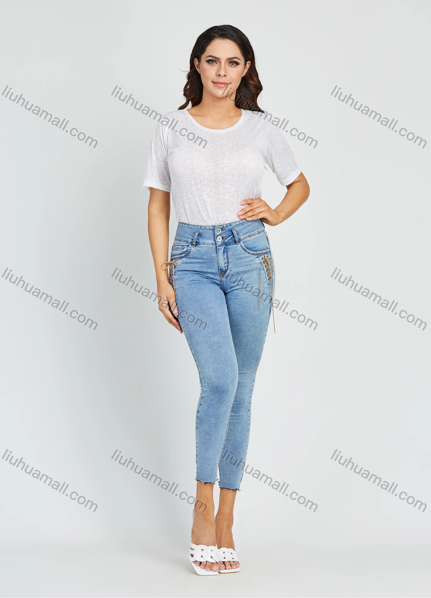 Wholesale Women's High Waist Raw Hem Distressed Cropped Skinny Jean - Liuhuamall