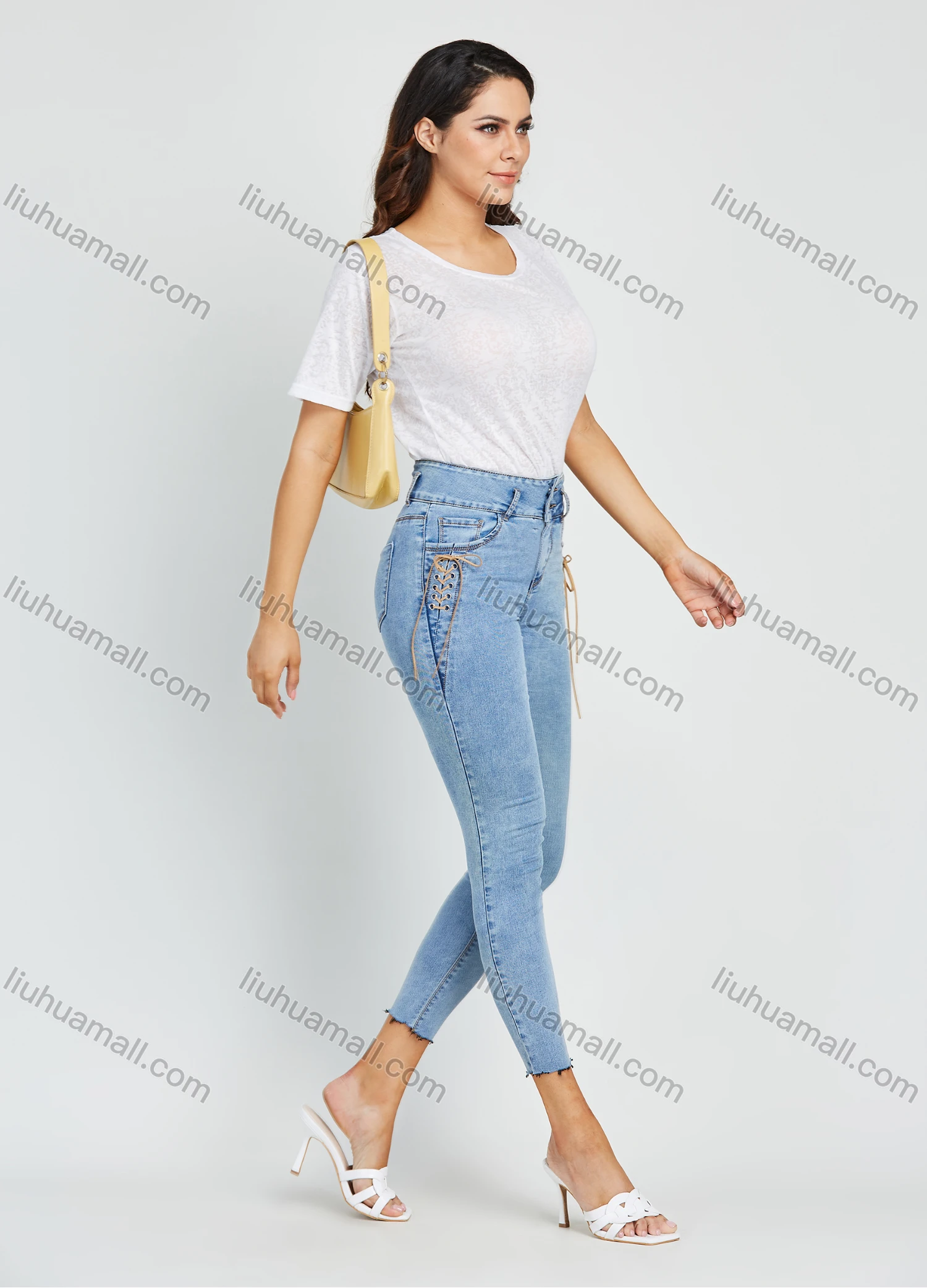 Wholesale Women's High Waist Raw Hem Distressed Cropped Skinny Jean - Liuhuamall