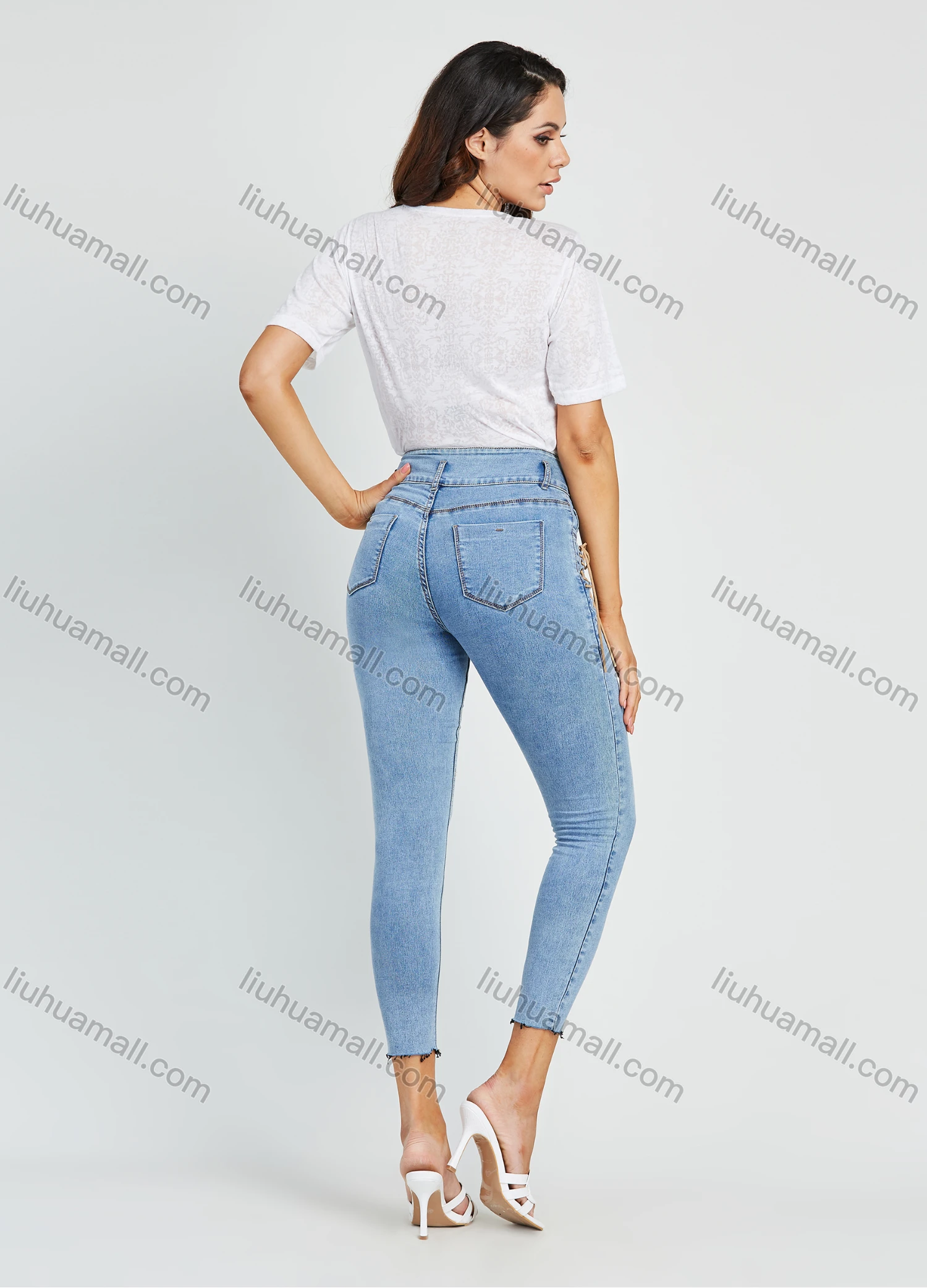Wholesale Women's High Waist Raw Hem Distressed Cropped Skinny Jean - Liuhuamall