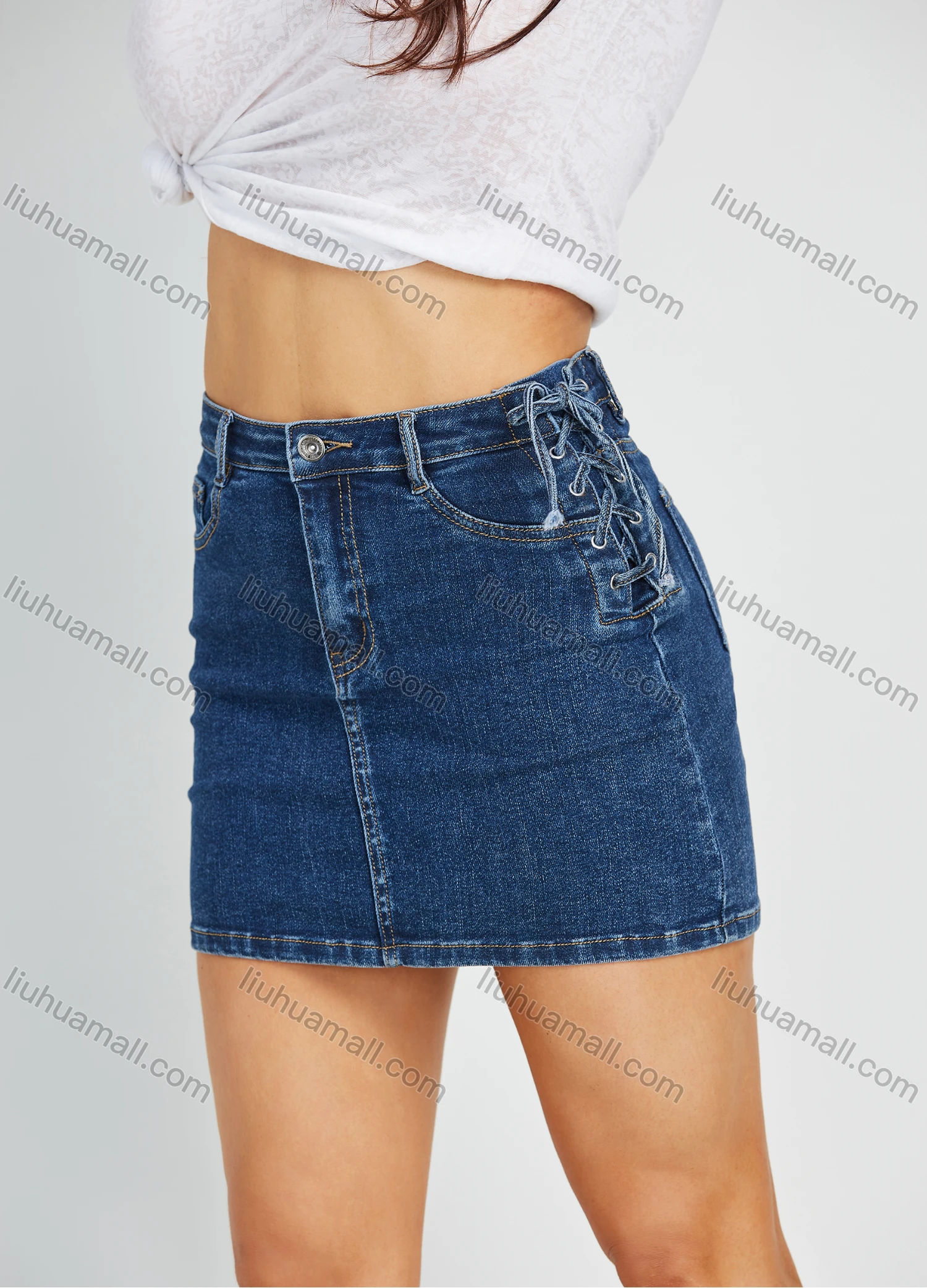 Wholesale Women's Sexy Slim Fit Zip Fly Dark Wash High Waist Denim Mini Skirt - Liuhuamall