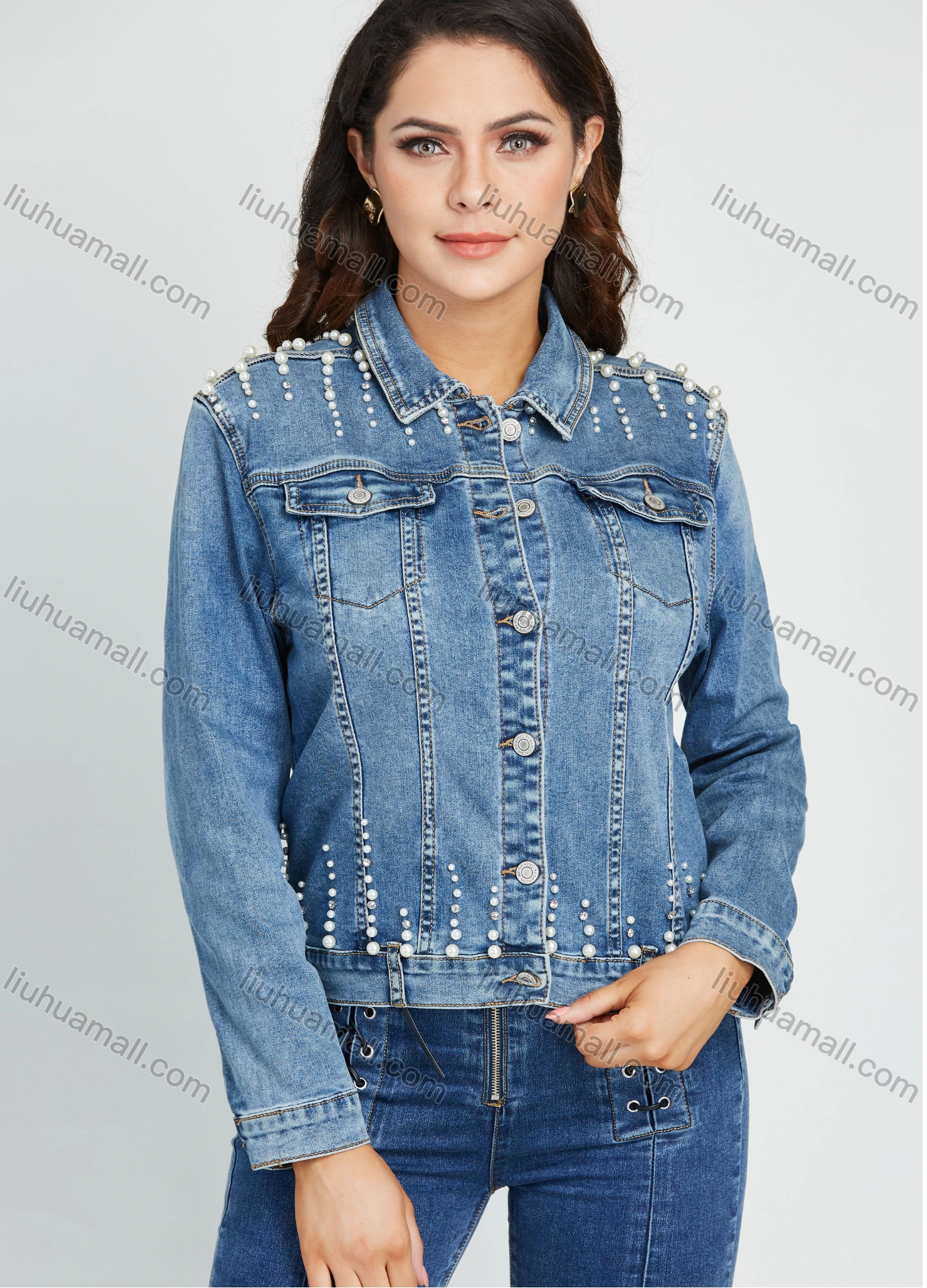 Wholesale Women's Casual Collared Long Sleeve Button Down Pearl Decor Denim Jacket - Liuhuamall