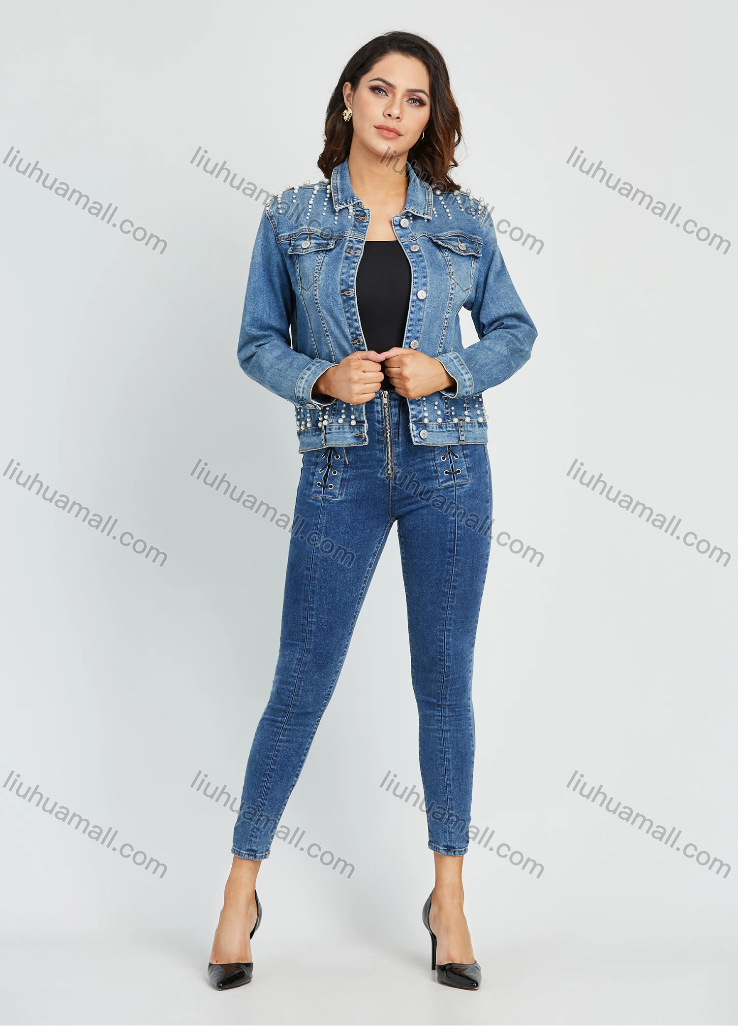Wholesale Women's Casual Collared Long Sleeve Button Down Pearl Decor Denim Jacket - Liuhuamall