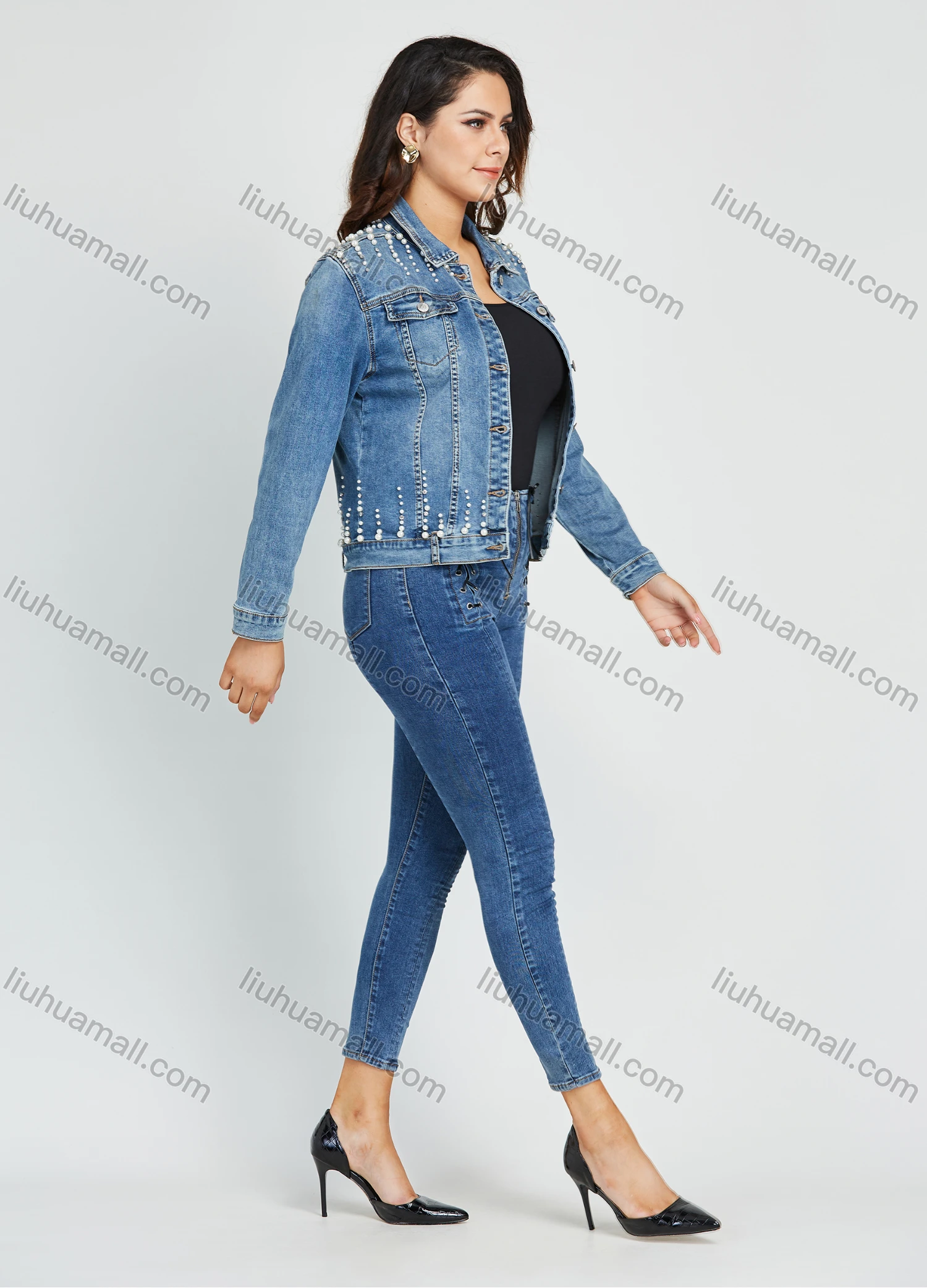 Wholesale Women's Casual Collared Long Sleeve Button Down Pearl Decor Denim Jacket - Liuhuamall