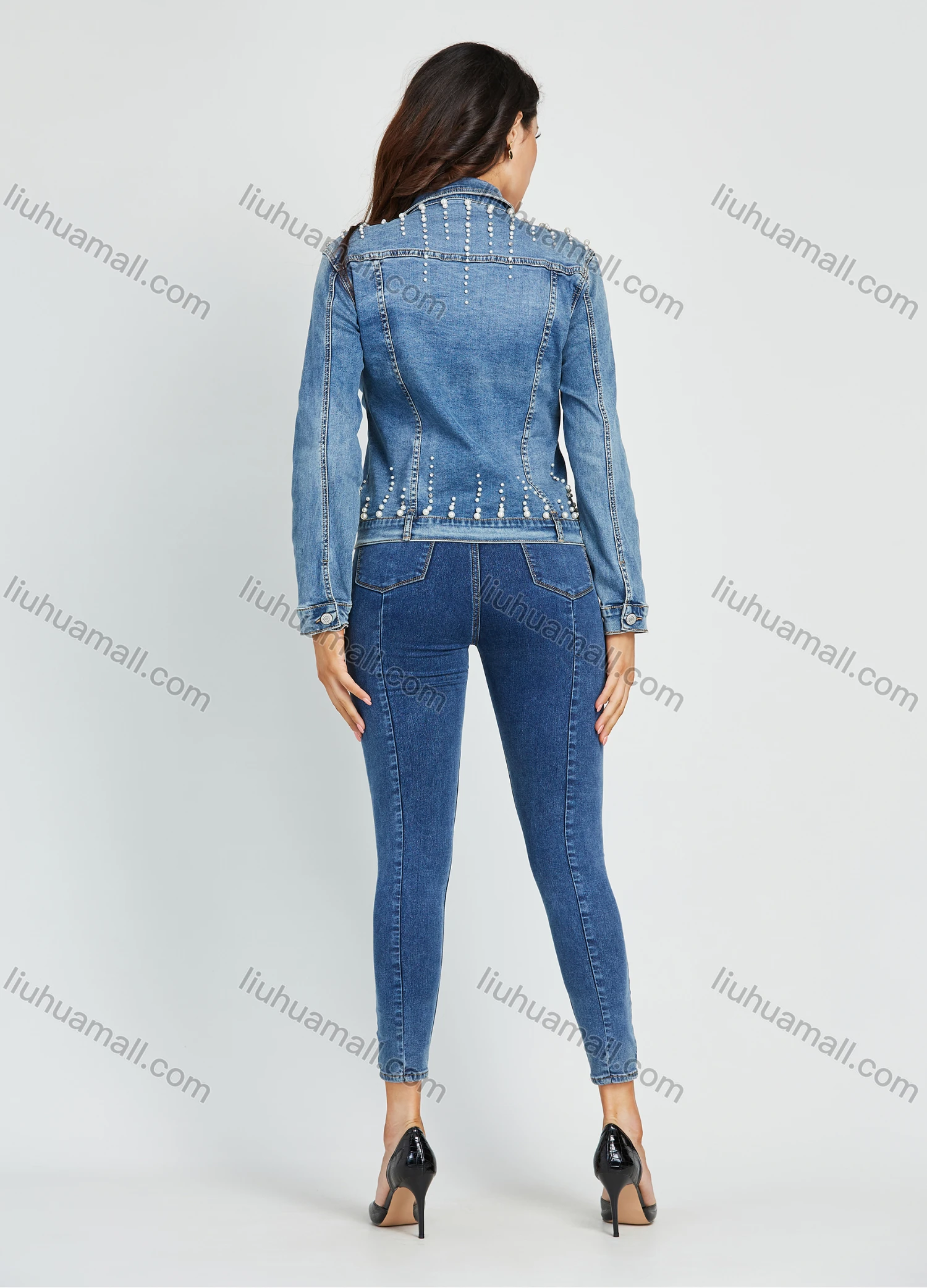 Wholesale Women's Casual Collared Long Sleeve Button Down Pearl Decor Denim Jacket - Liuhuamall