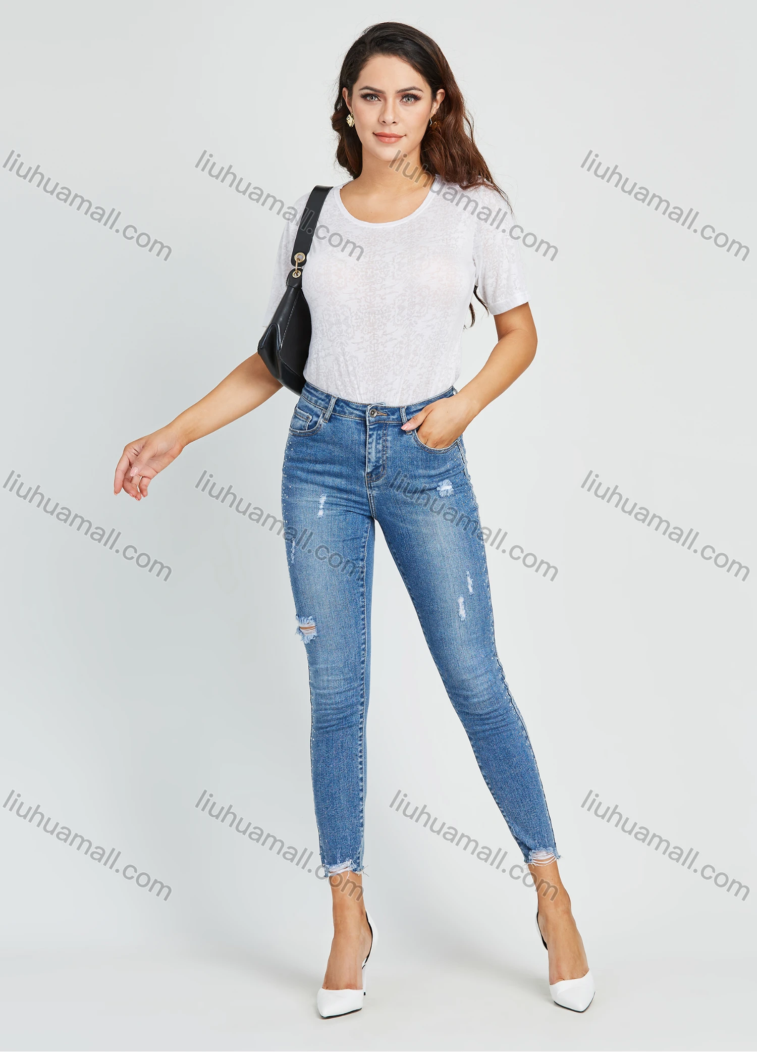Wholesale Women's Fashion High Waist Ripped Raw Hem Rhinestone Glitter Cropped Skinny Jean - Liuhuamall