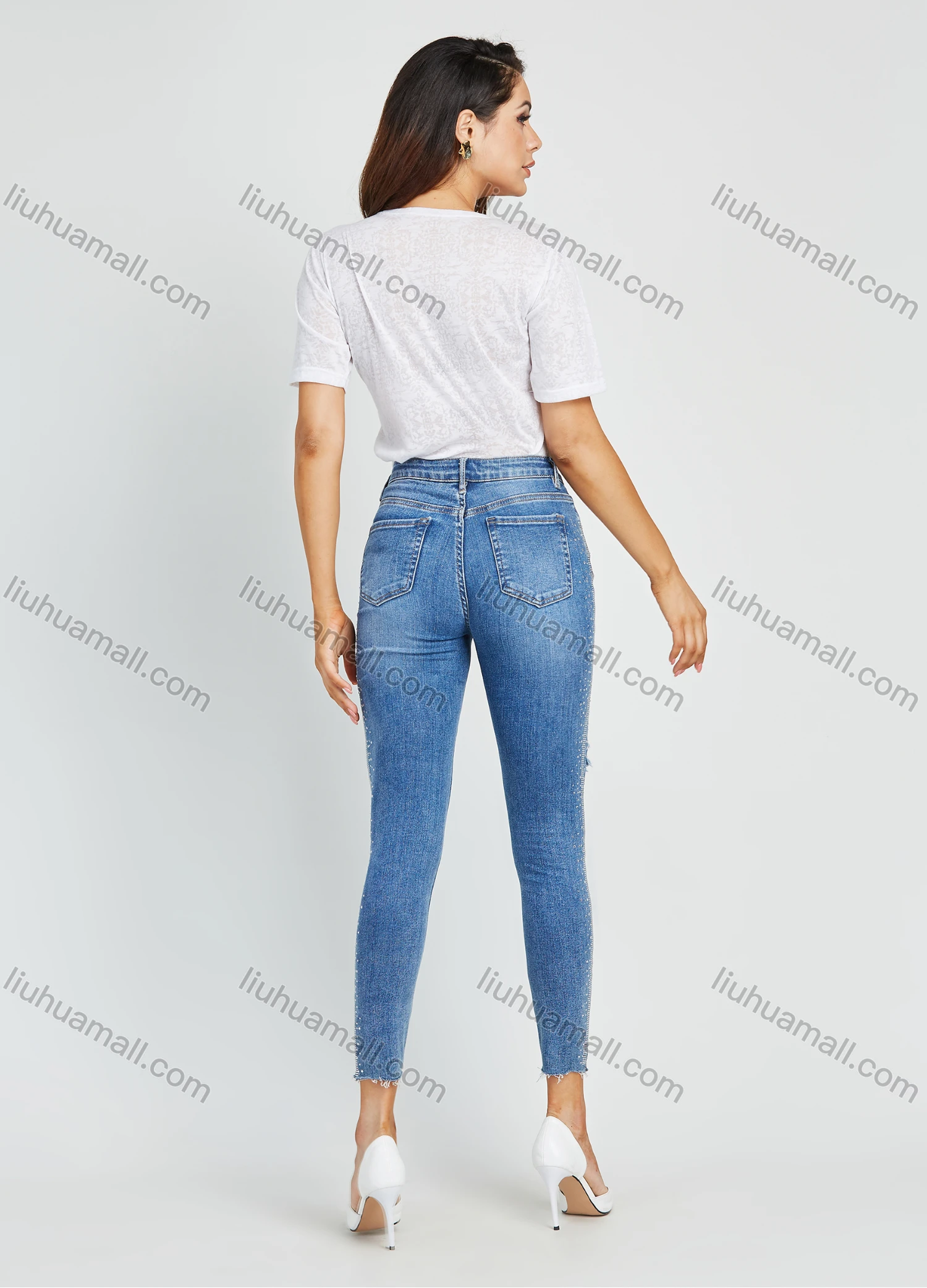 Wholesale Women's Fashion High Waist Ripped Raw Hem Rhinestone Glitter Cropped Skinny Jean - Liuhuamall