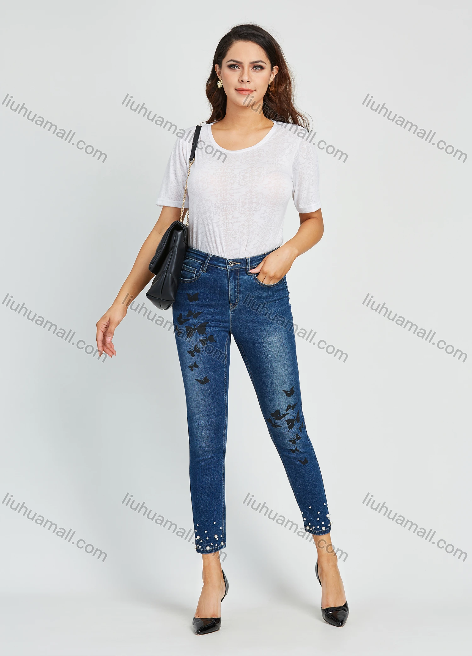 Wholesale Women's High Waist Butterfly Print Pearl Decor Cropped Skinny Jean - Liuhuamall