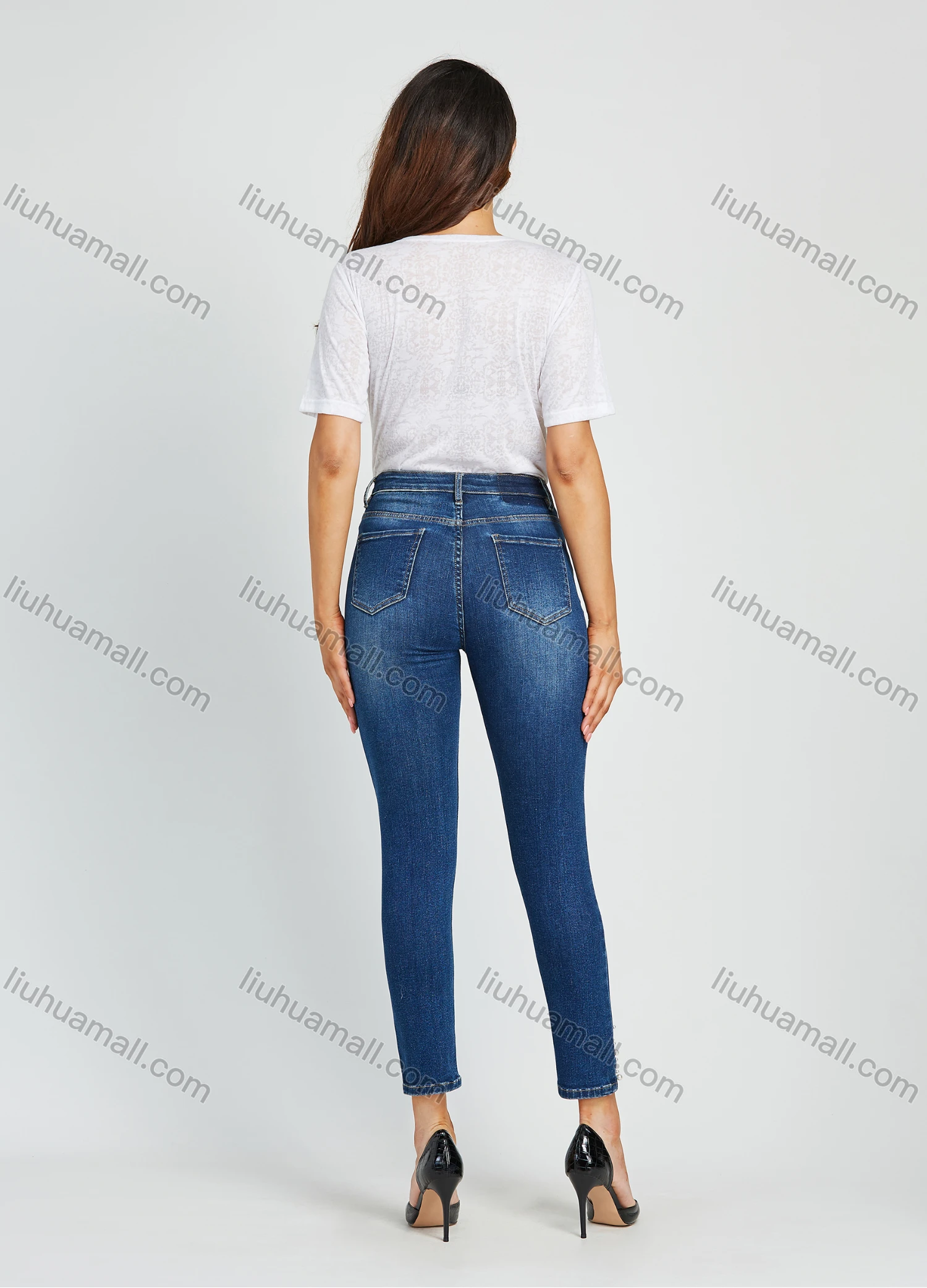 Wholesale Women's High Waist Butterfly Print Pearl Decor Cropped Skinny Jean - Liuhuamall