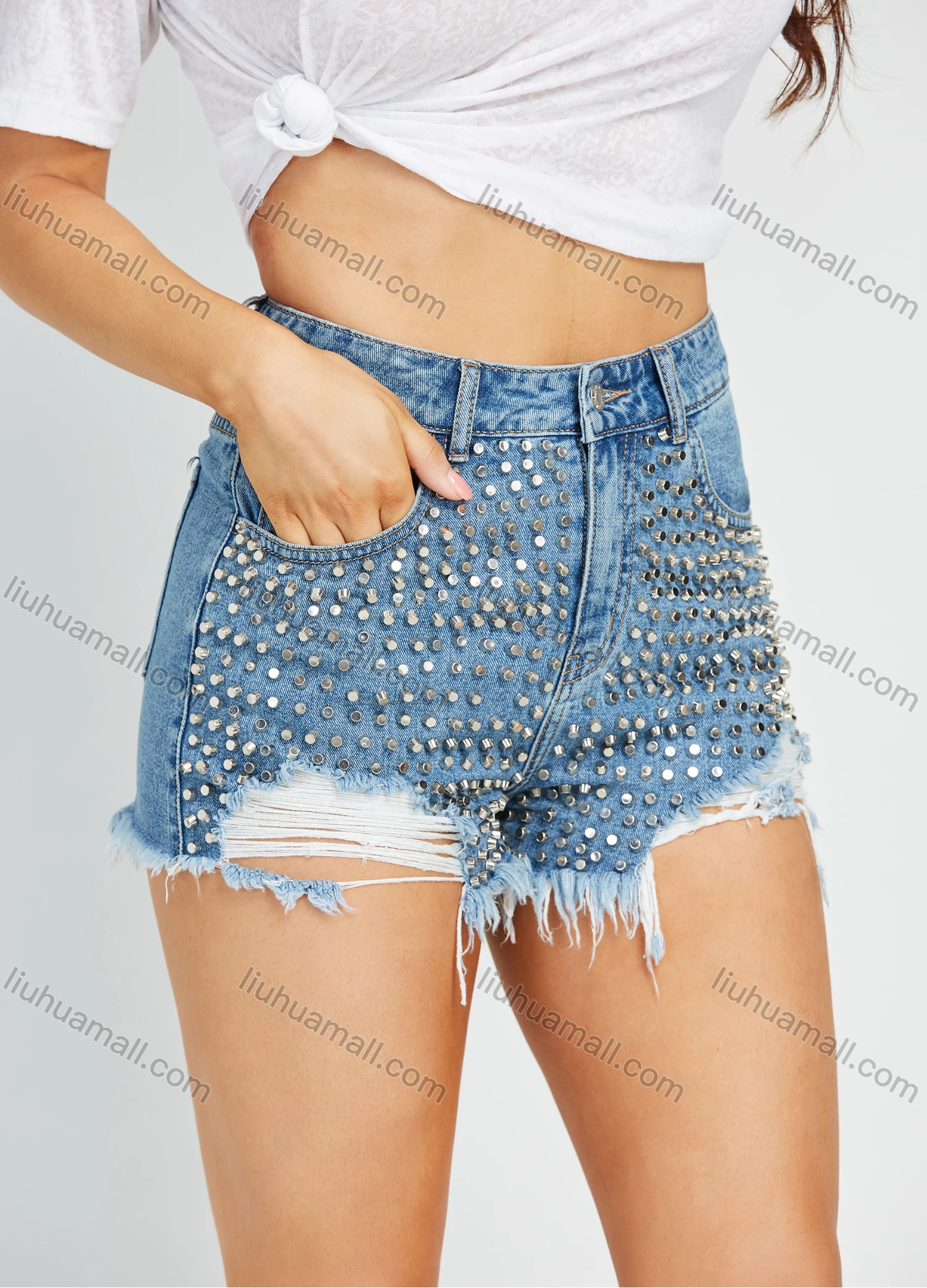 Wholesale Women's Fashion High Waist Rivet Ripped Raw Hem Distressed Denim Shorts - Liuhuamall