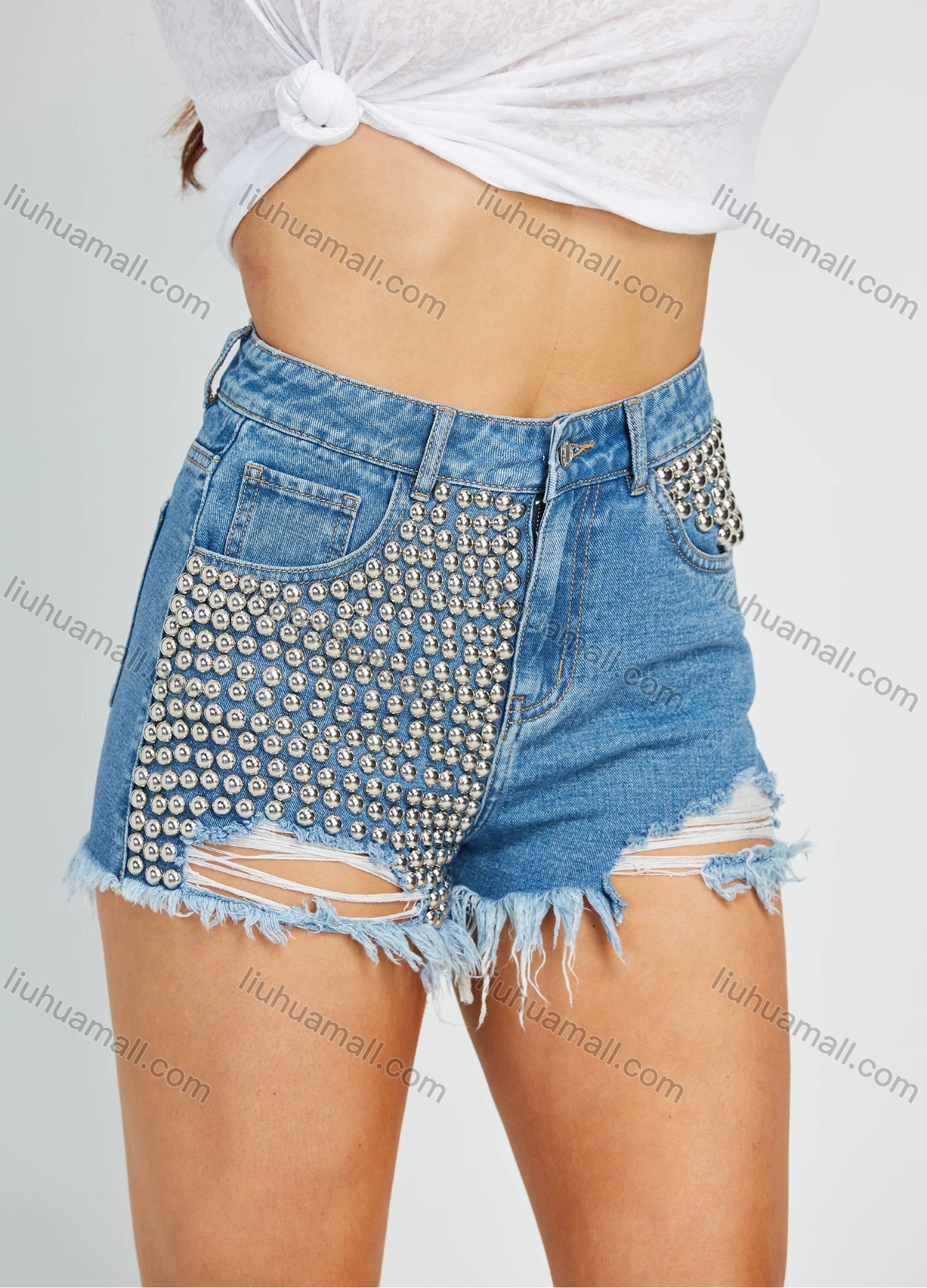 Wholesale Women's Fashion High Waist Rivet Ripped Raw Hem Distressed Denim Shorts - Liuhuamall