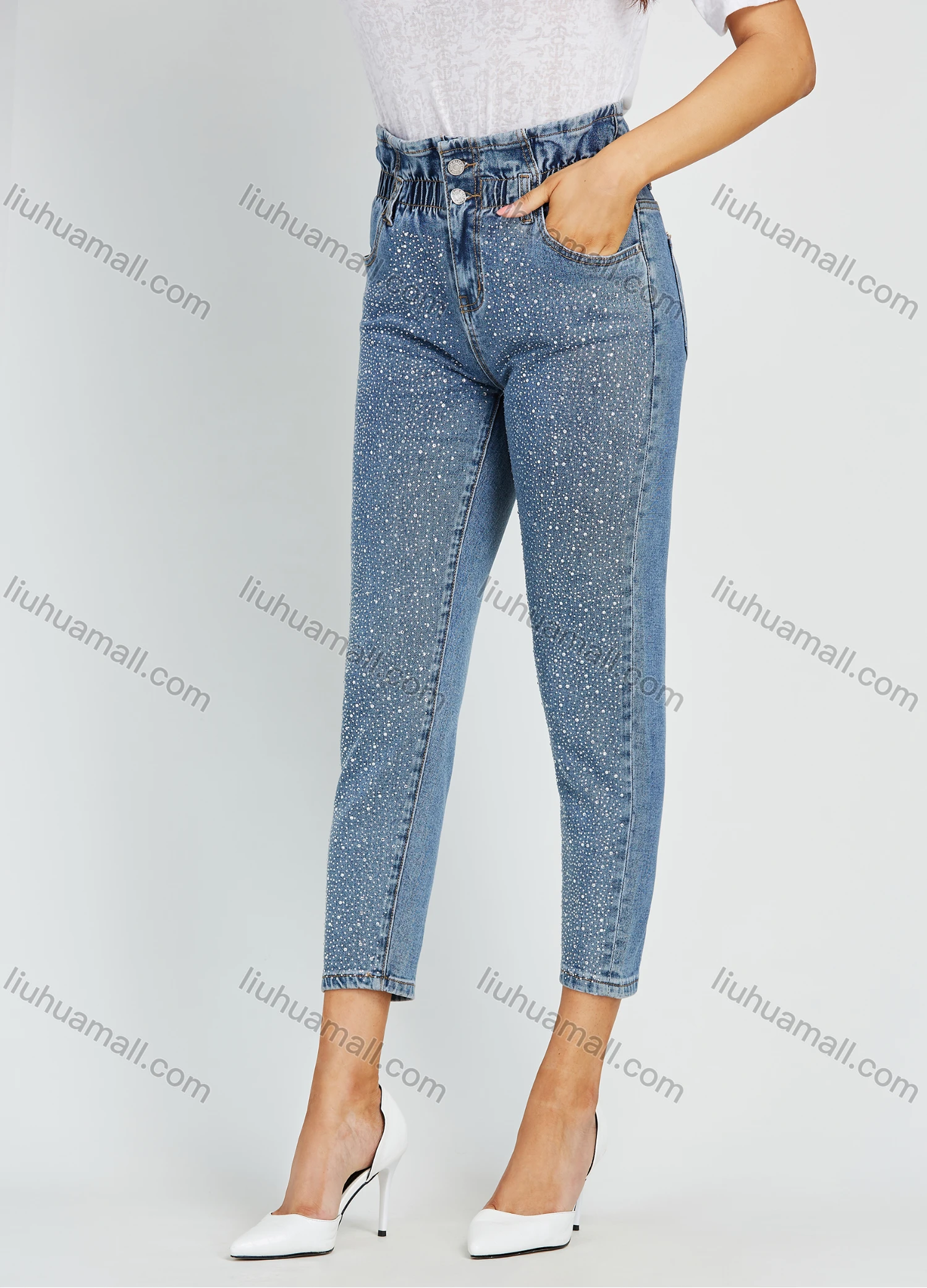 Wholesale Women's Fashion High Waist Rhinestone Glitter Cropped Skinny Jean - Liuhuamall