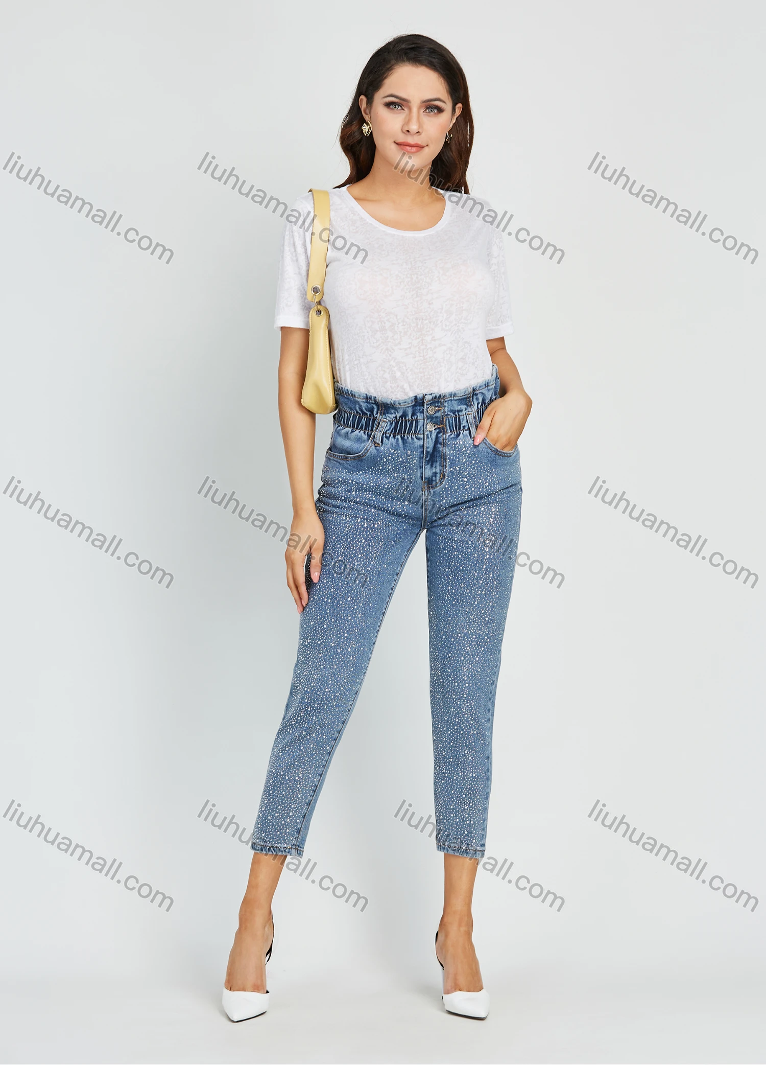 Wholesale Women's Fashion High Waist Rhinestone Glitter Cropped Skinny Jean - Liuhuamall