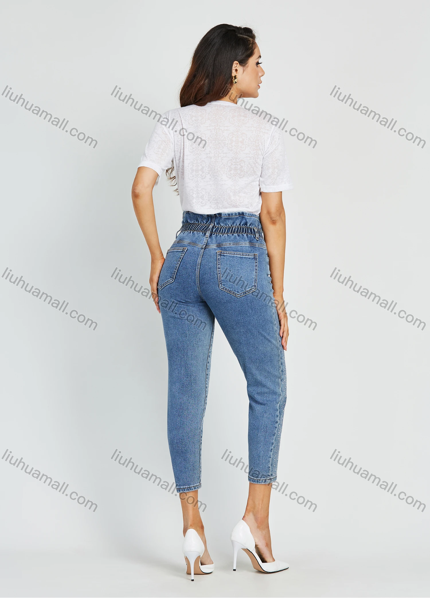 Wholesale Women's Fashion High Waist Rhinestone Glitter Cropped Skinny Jean - Liuhuamall