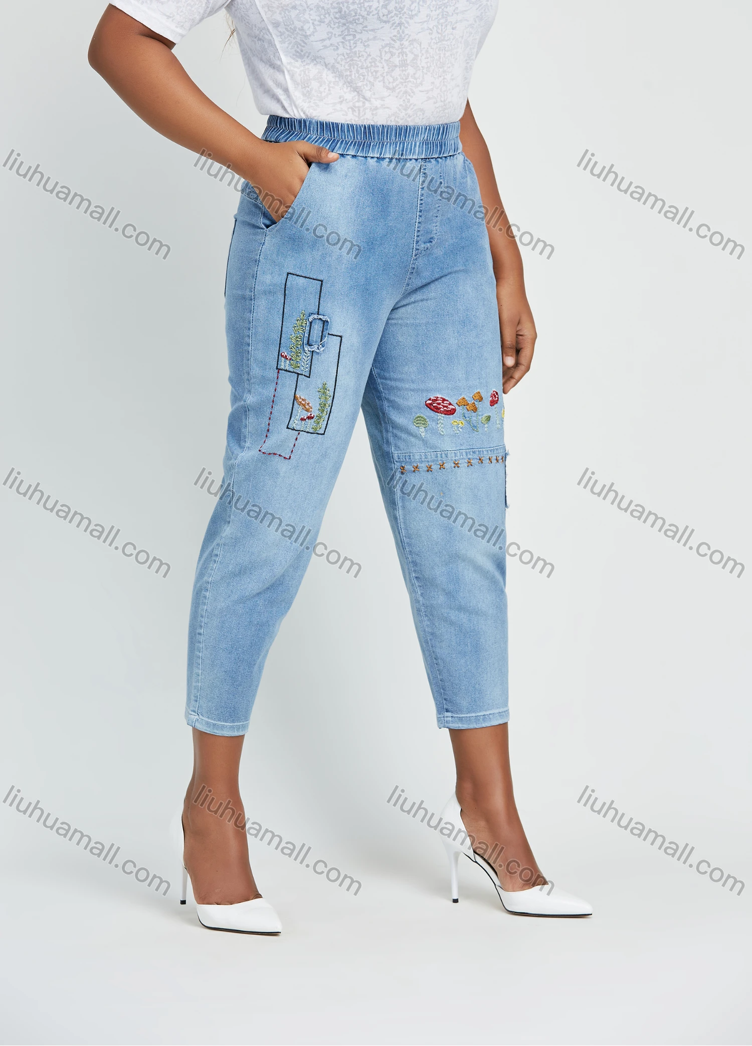 Wholesale Women's Casual Elastic Waist Embroidery Patchwork Washed Cropped Skinny Jean - Liuhuamall