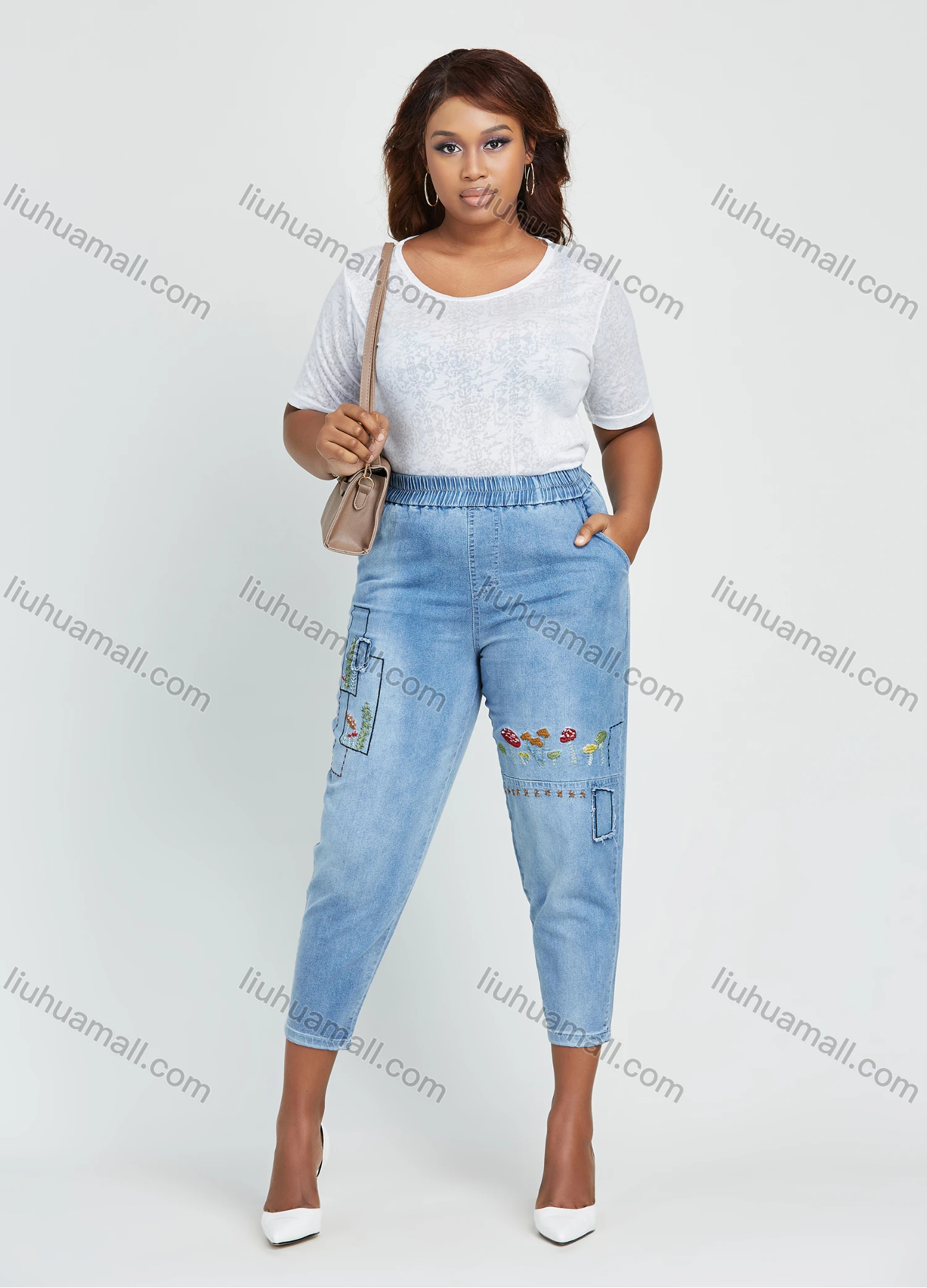 Wholesale Women's Casual Elastic Waist Embroidery Patchwork Washed Cropped Skinny Jean - Liuhuamall