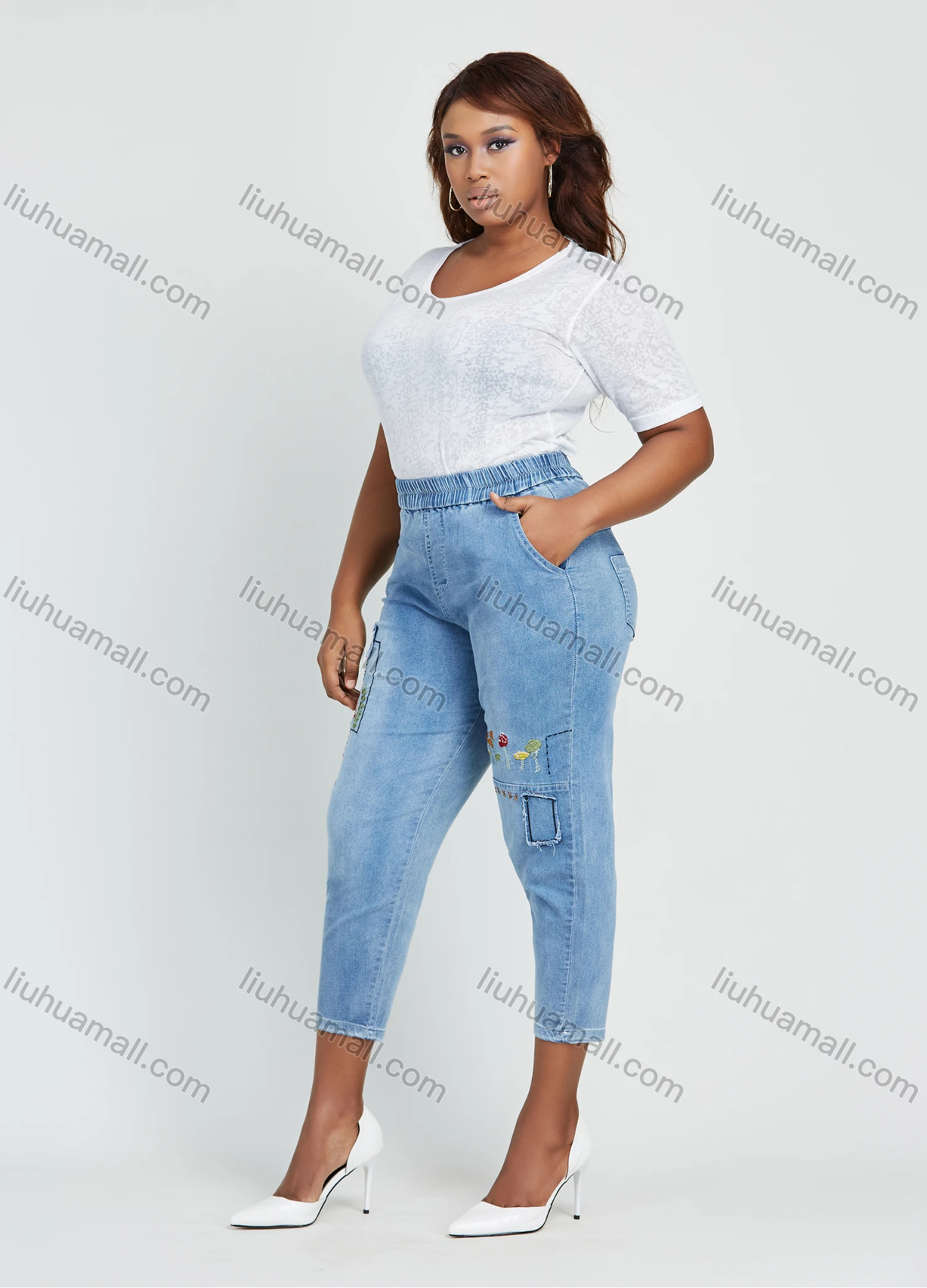 Wholesale Women's Casual Elastic Waist Embroidery Patchwork Washed Cropped Skinny Jean - Liuhuamall