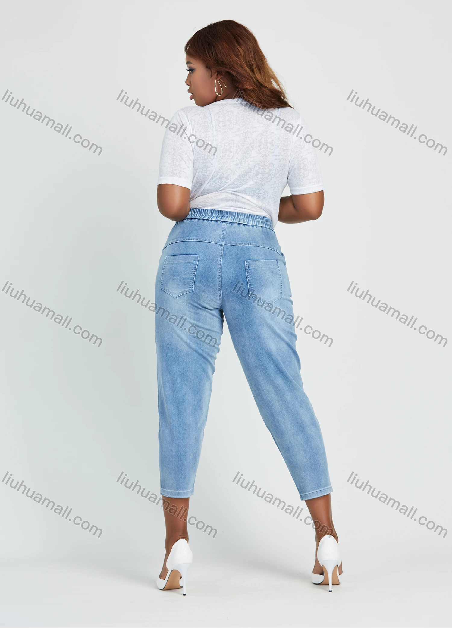 Wholesale Women's Casual Elastic Waist Embroidery Patchwork Washed Cropped Skinny Jean - Liuhuamall