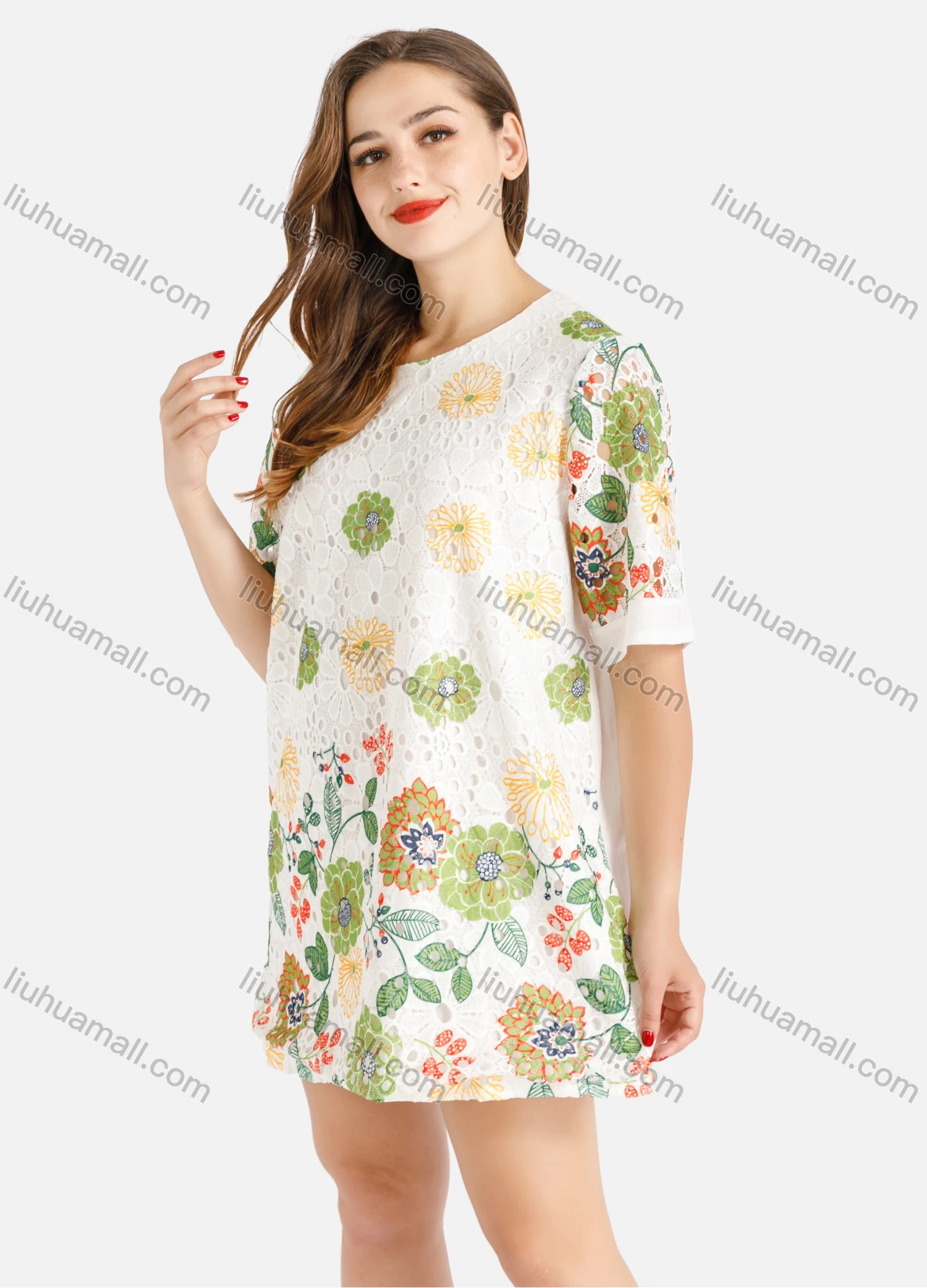 Wholesale Women's Casual Round Neck Short Sleeve Botanic Print Short T-shirt Dress - Liuhuamall