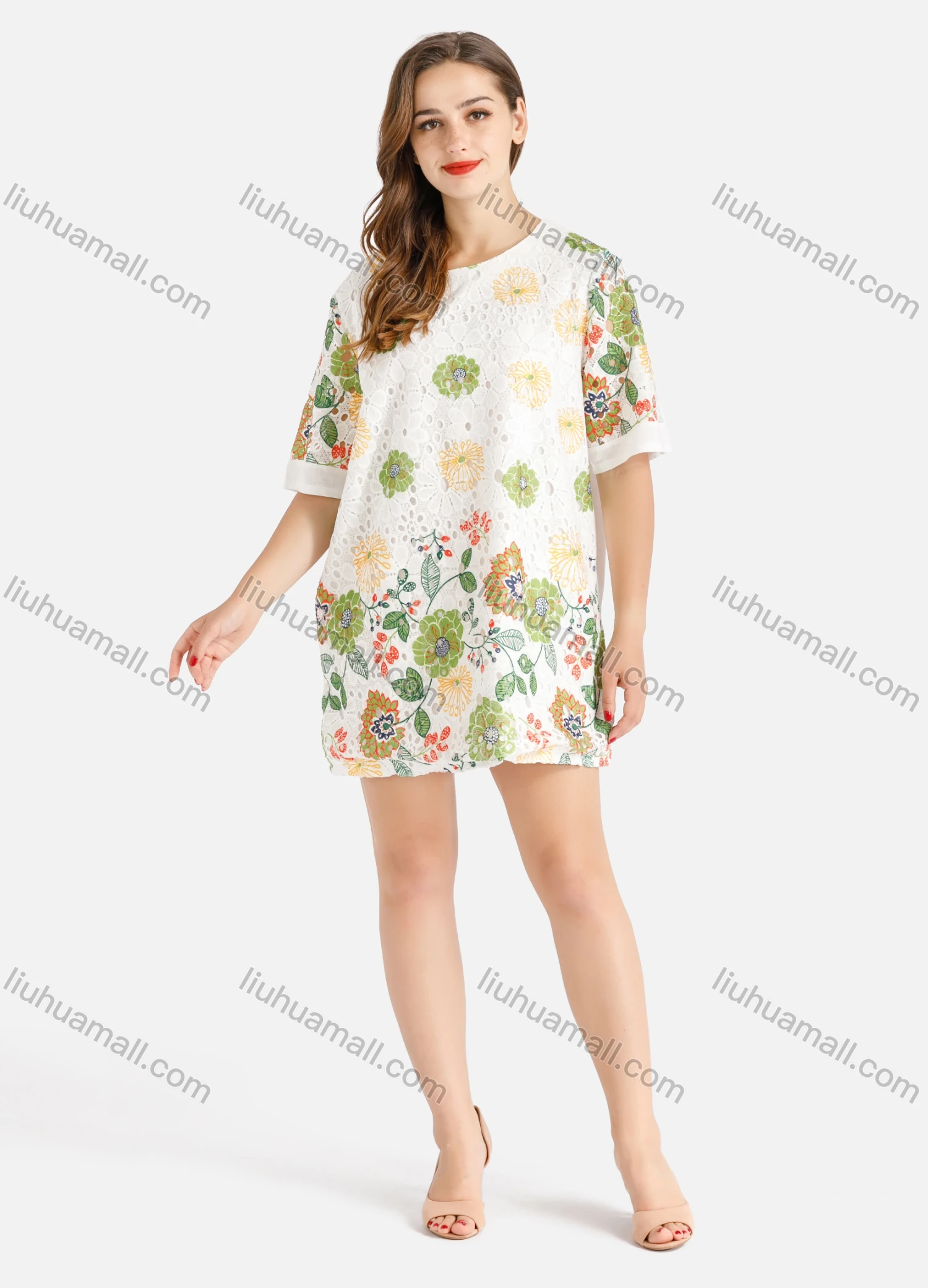 Wholesale Women's Casual Round Neck Short Sleeve Botanic Print Short T-shirt Dress - Liuhuamall