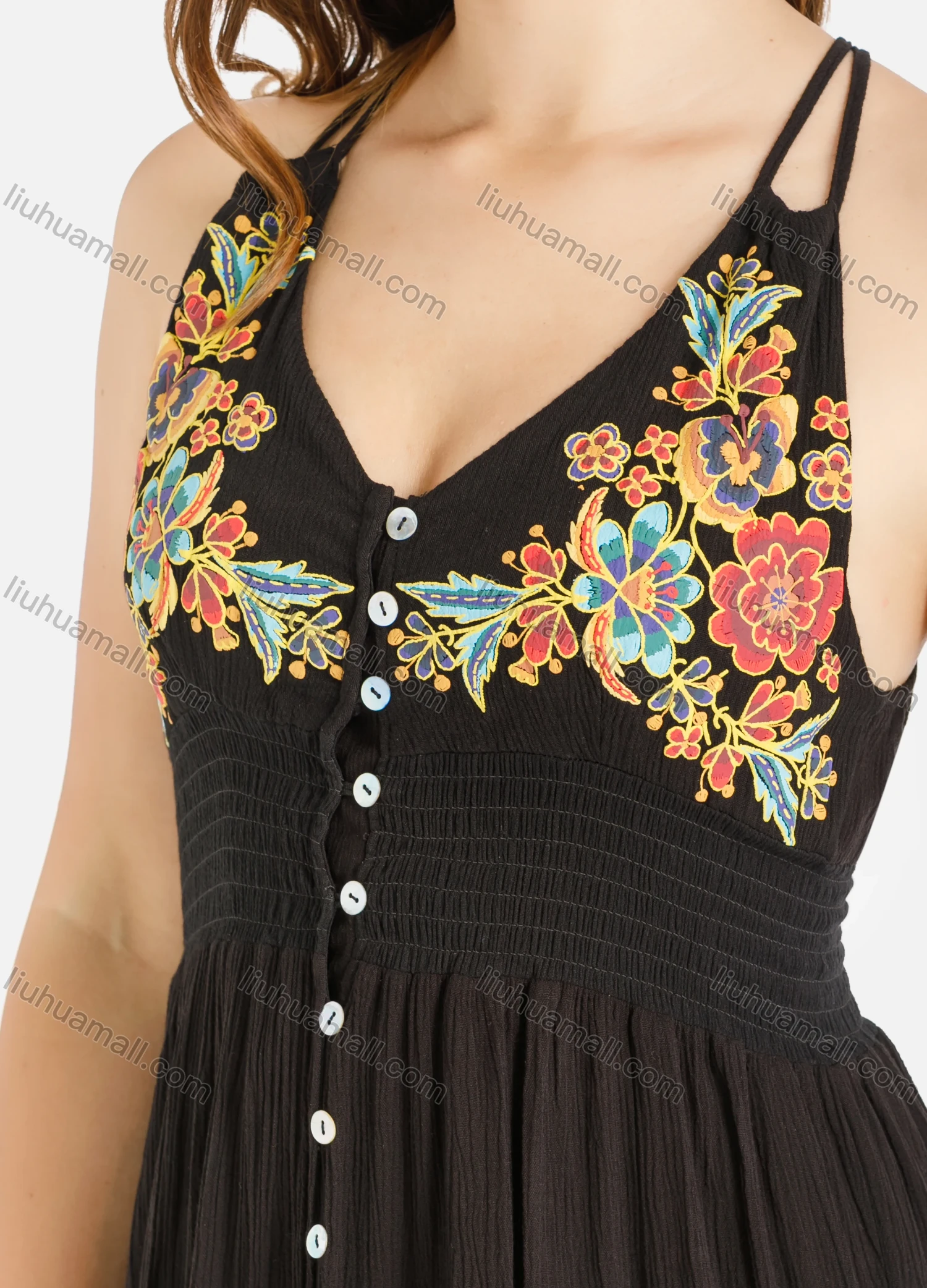 Wholesale Women's Floral Embroidery V Neck Spaghetti Strap Button Down Cami Dress - Liuhuamall