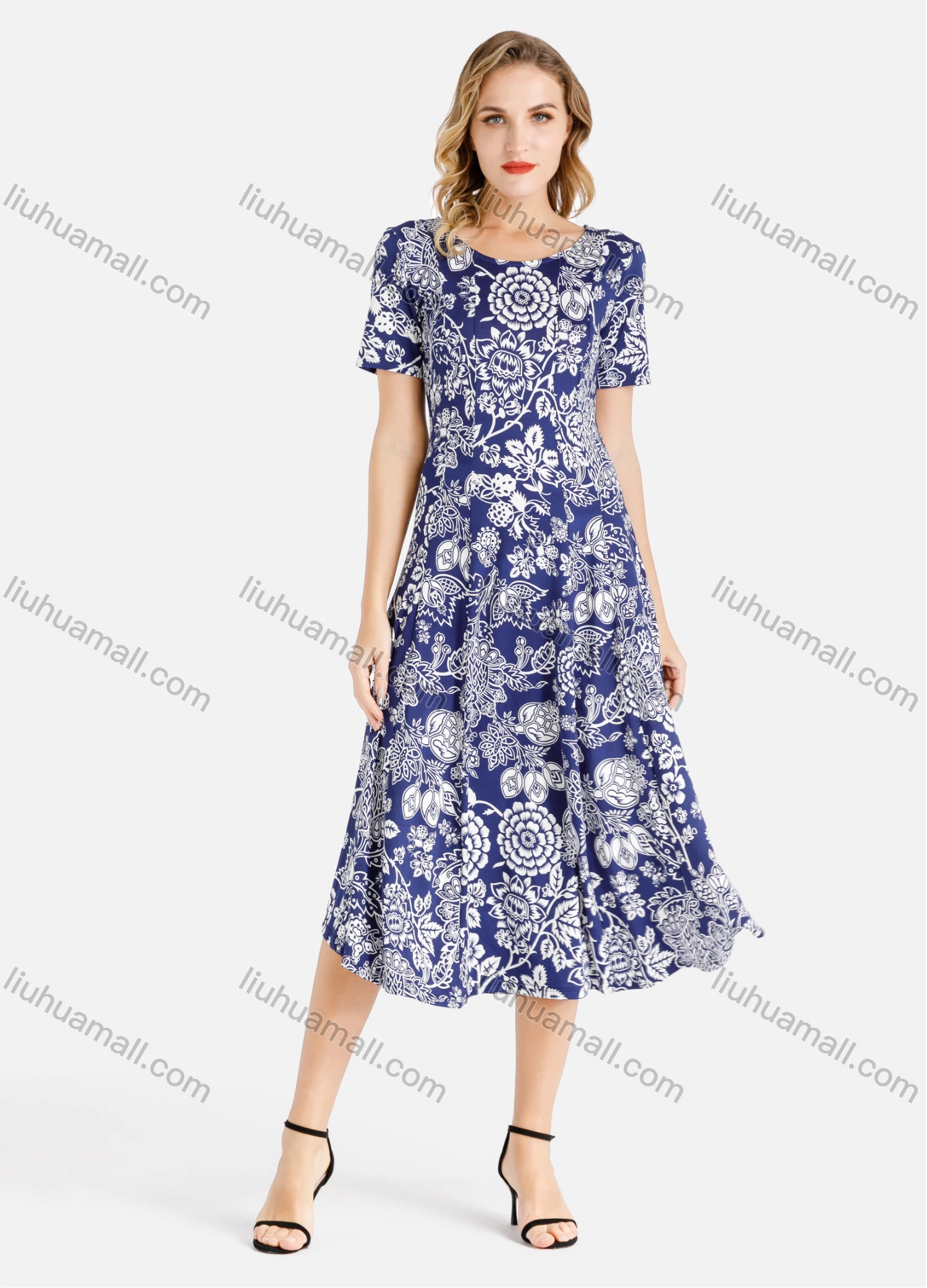 Wholesale Women's Round Neck Short Sleeve Allover Floral Print A-Line Midi Dress - Liuhuamall