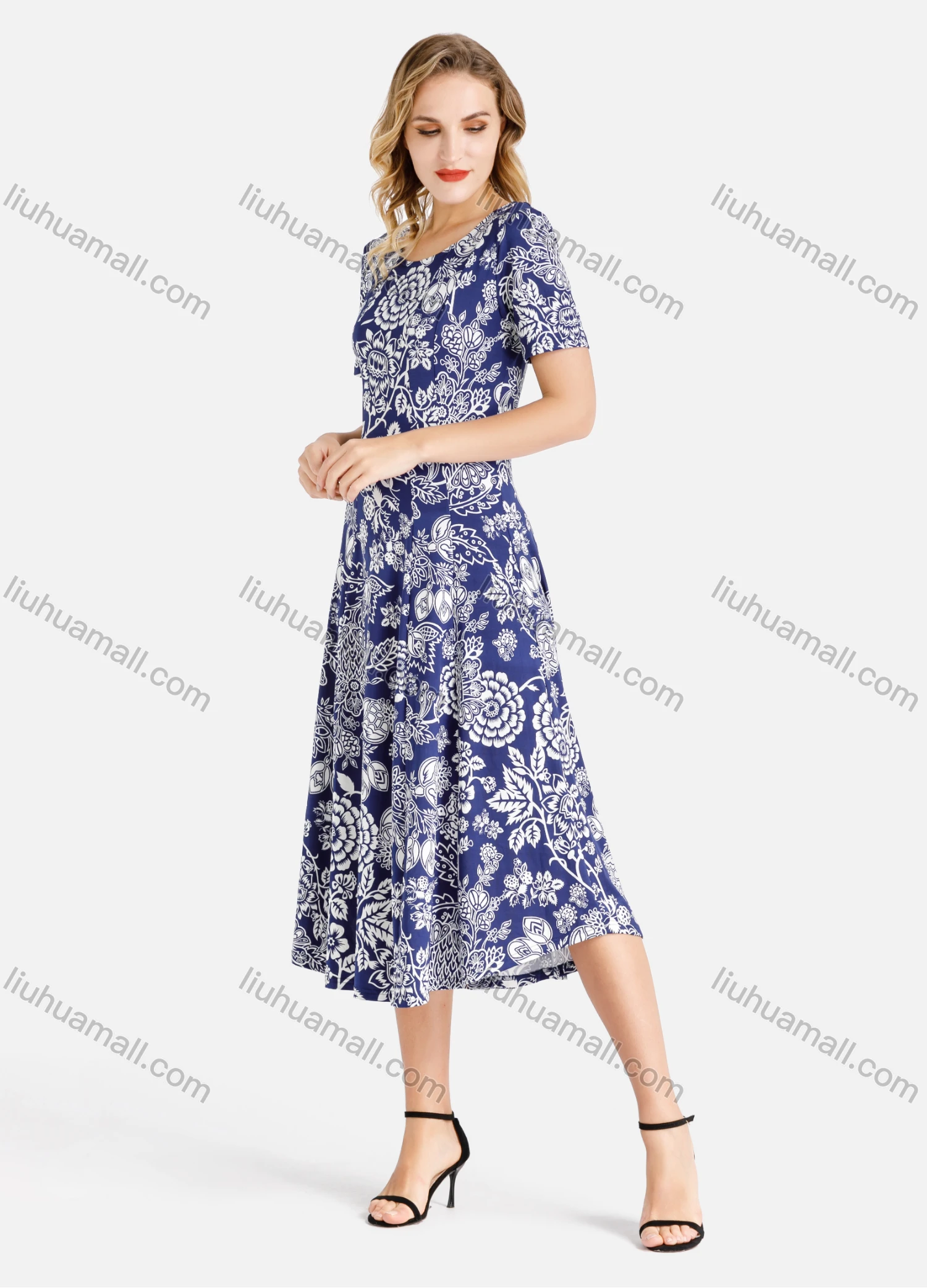 Wholesale Women's Round Neck Short Sleeve Allover Floral Print A-Line Midi Dress - Liuhuamall