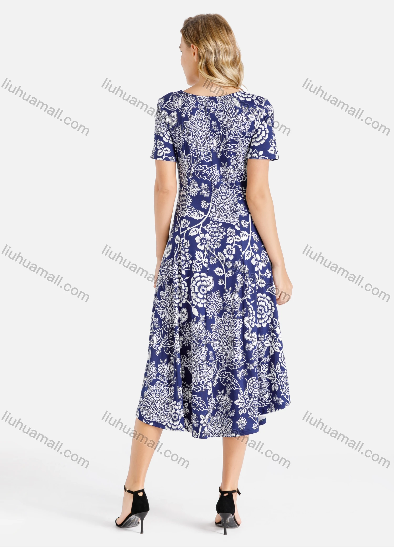 Wholesale Women's Round Neck Short Sleeve Allover Floral Print A-Line Midi Dress - Liuhuamall