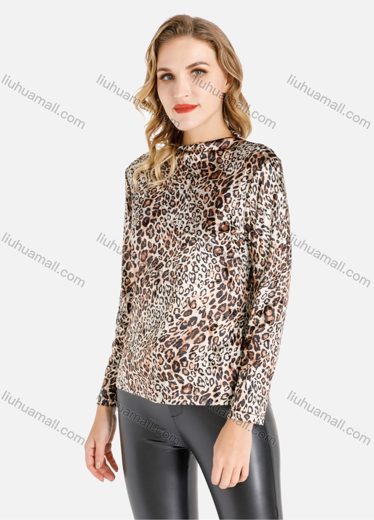 Wholesale Women's Fashion Mock Neck Long Sleeve Allover Leopard Print Top - Liuhuamall