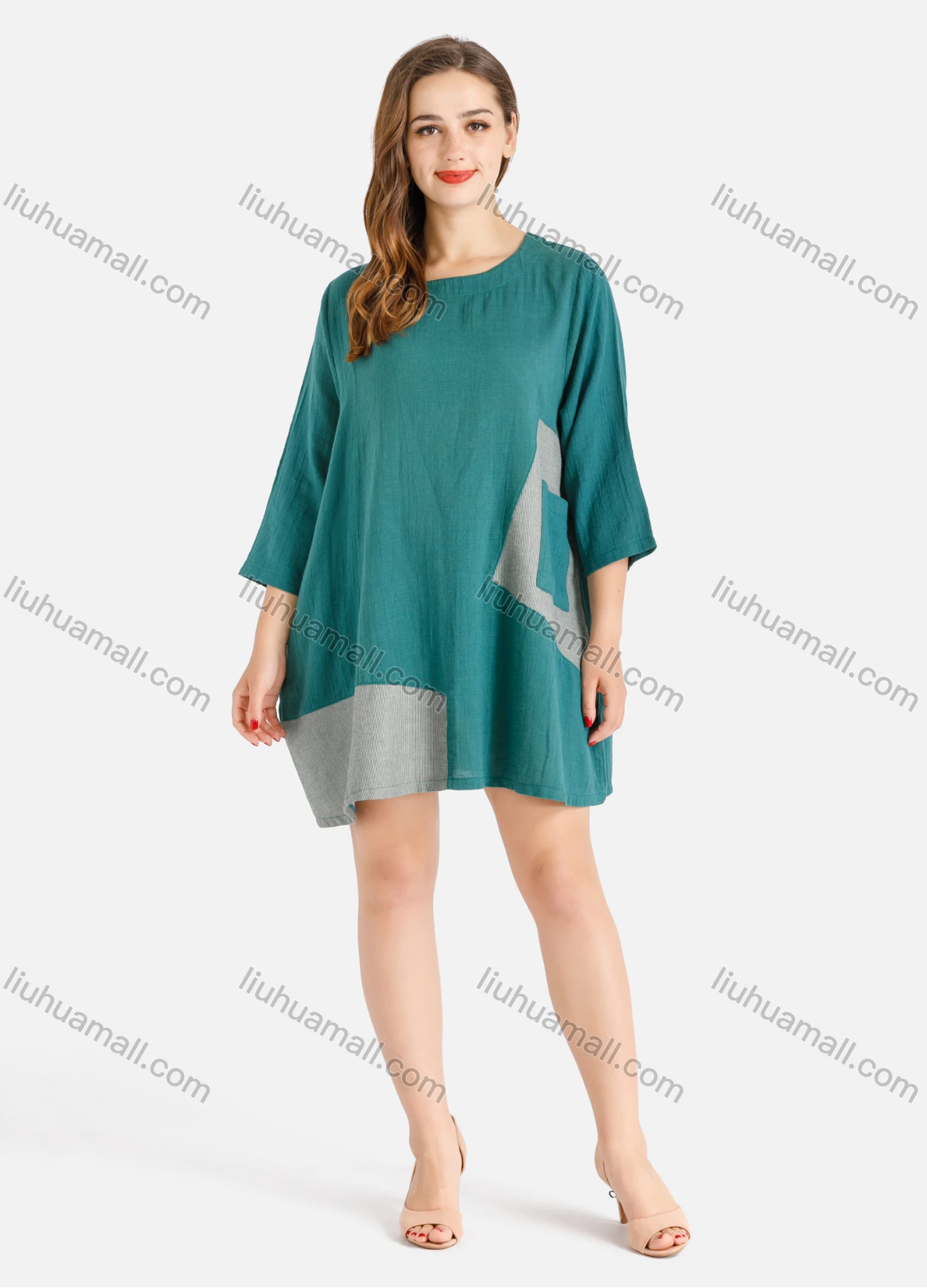 Wholesale Women's Loose Fit Splicing Round Neck 3/4 Sleeve Short T-shirt Dress - Liuhuamall