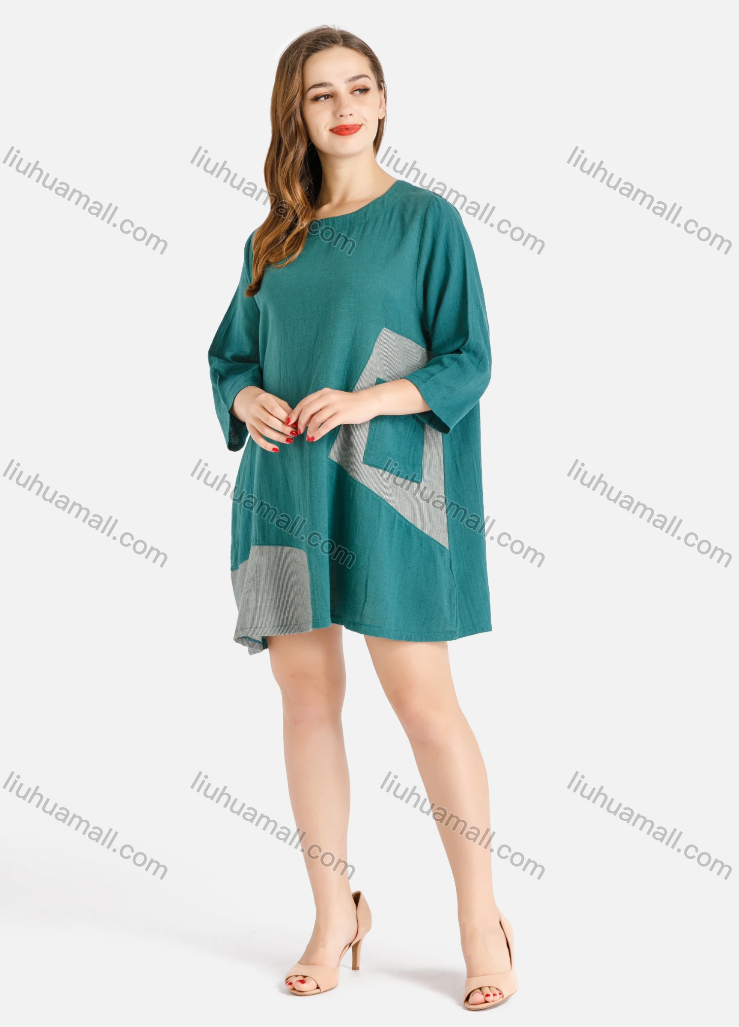 Wholesale Women's Loose Fit Splicing Round Neck 3/4 Sleeve Short T-shirt Dress - Liuhuamall