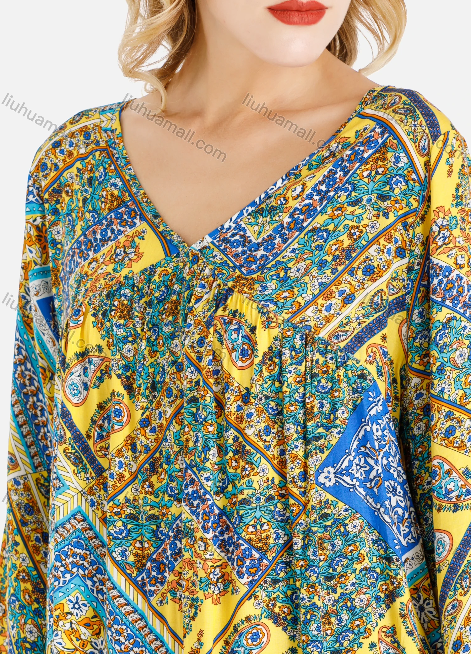 Wholesale Women's Casual V Neck Allover Paisley Print 3/4 Sleeve Mini Dress - Liuhuamall