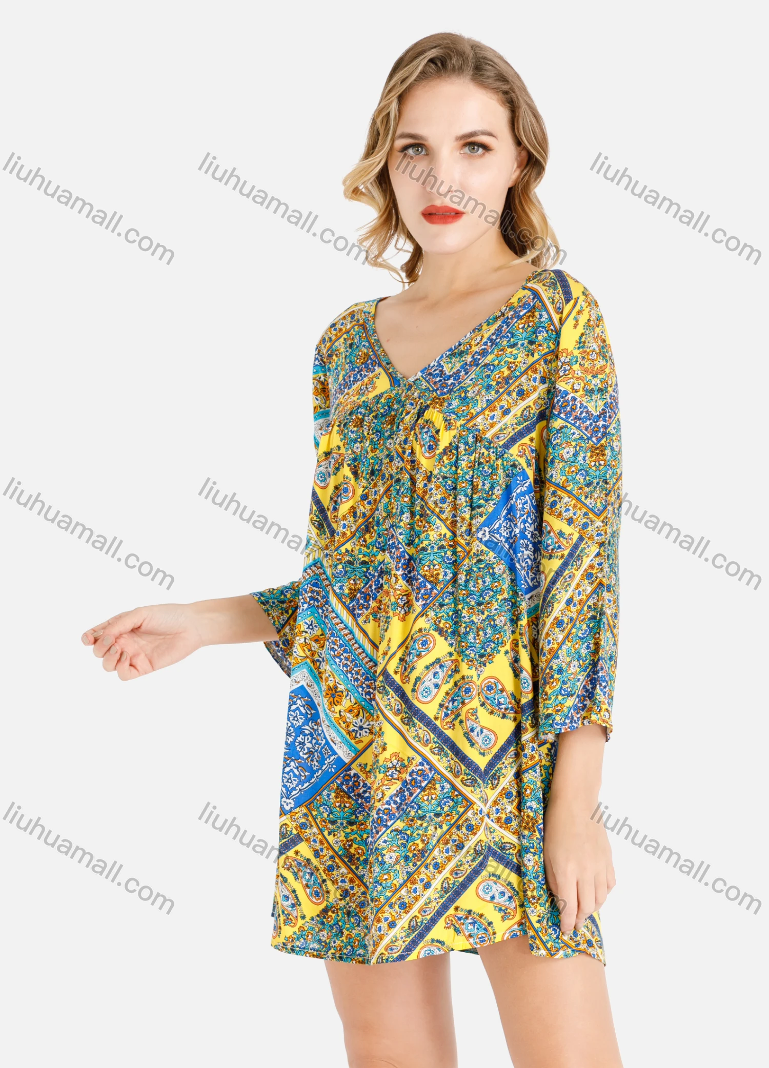 Wholesale Women's Casual V Neck Allover Paisley Print 3/4 Sleeve Mini Dress - Liuhuamall