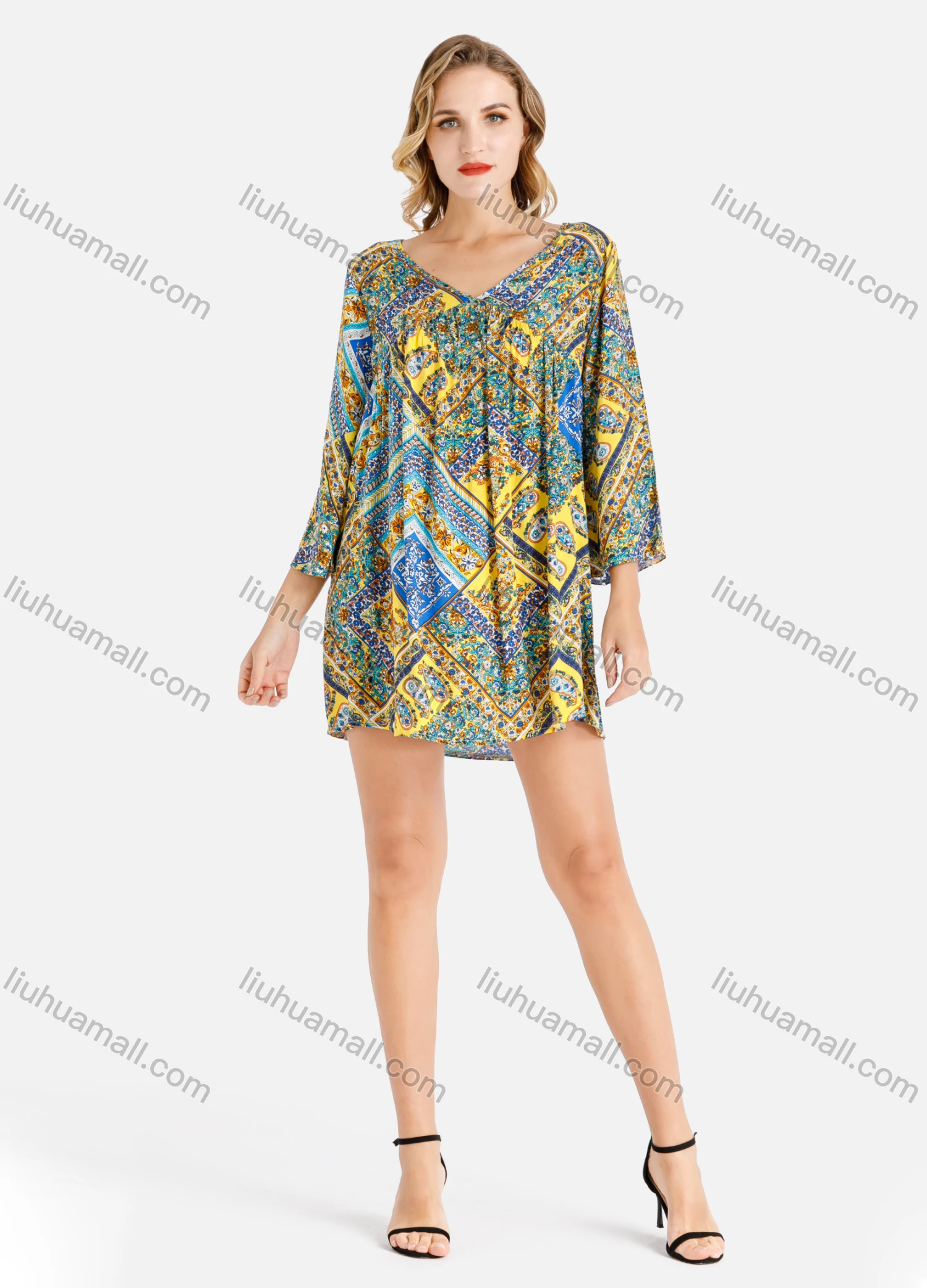 Wholesale Women's Casual V Neck Allover Paisley Print 3/4 Sleeve Mini Dress - Liuhuamall