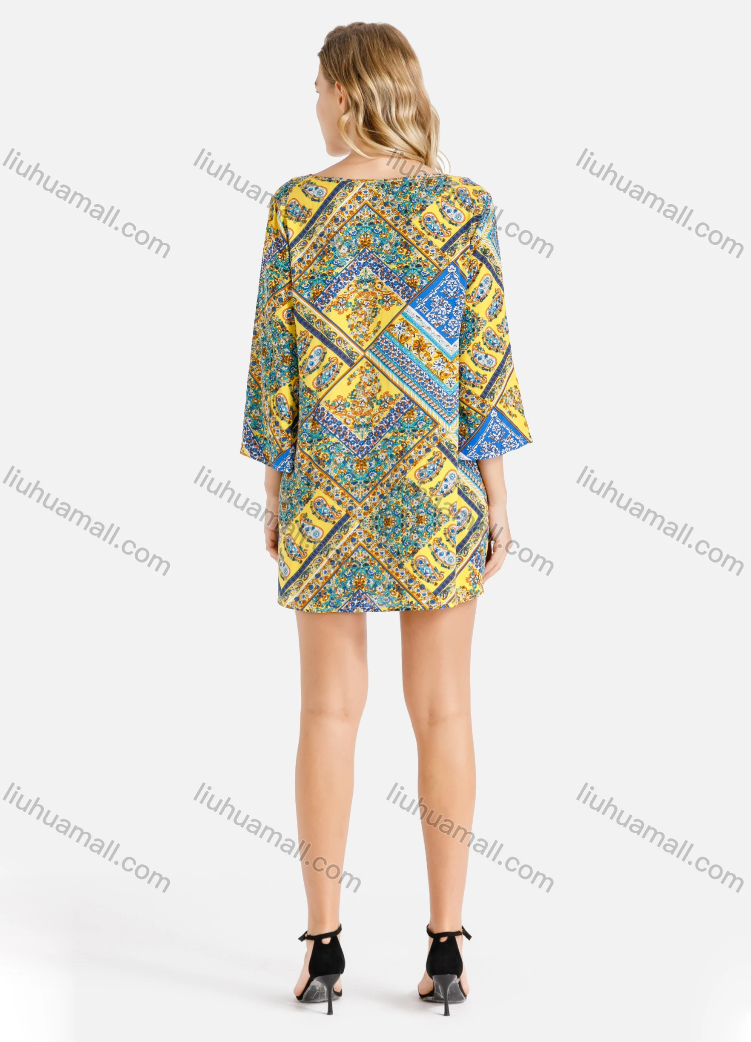 Wholesale Women's Casual V Neck Allover Paisley Print 3/4 Sleeve Mini Dress - Liuhuamall
