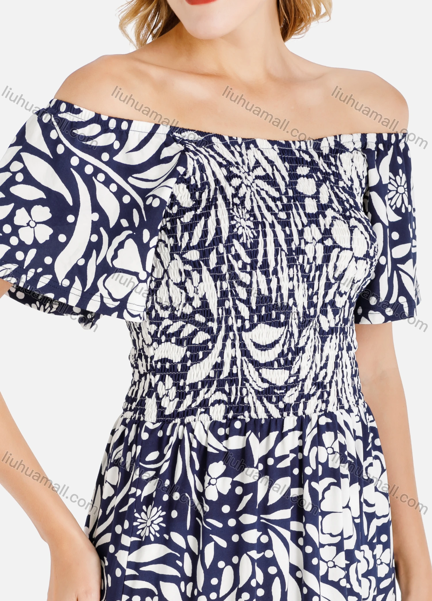Wholesale Women's Casual Off Shoulder Allover Print Shirred Midi Slim Fit Dress - Liuhuamall