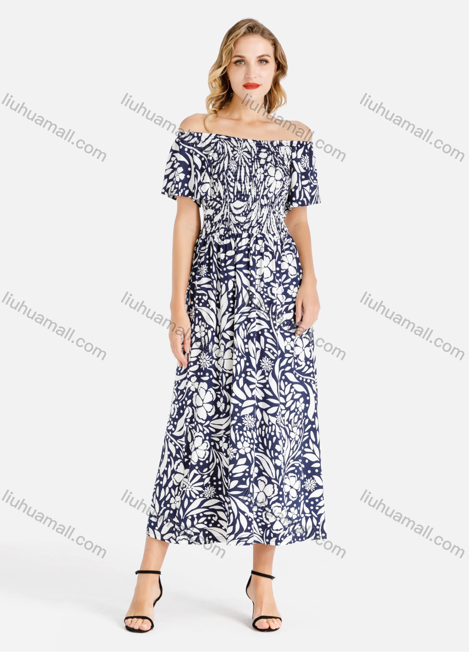 Wholesale Women's Casual Off Shoulder Allover Print Shirred Midi Slim Fit Dress - Liuhuamall