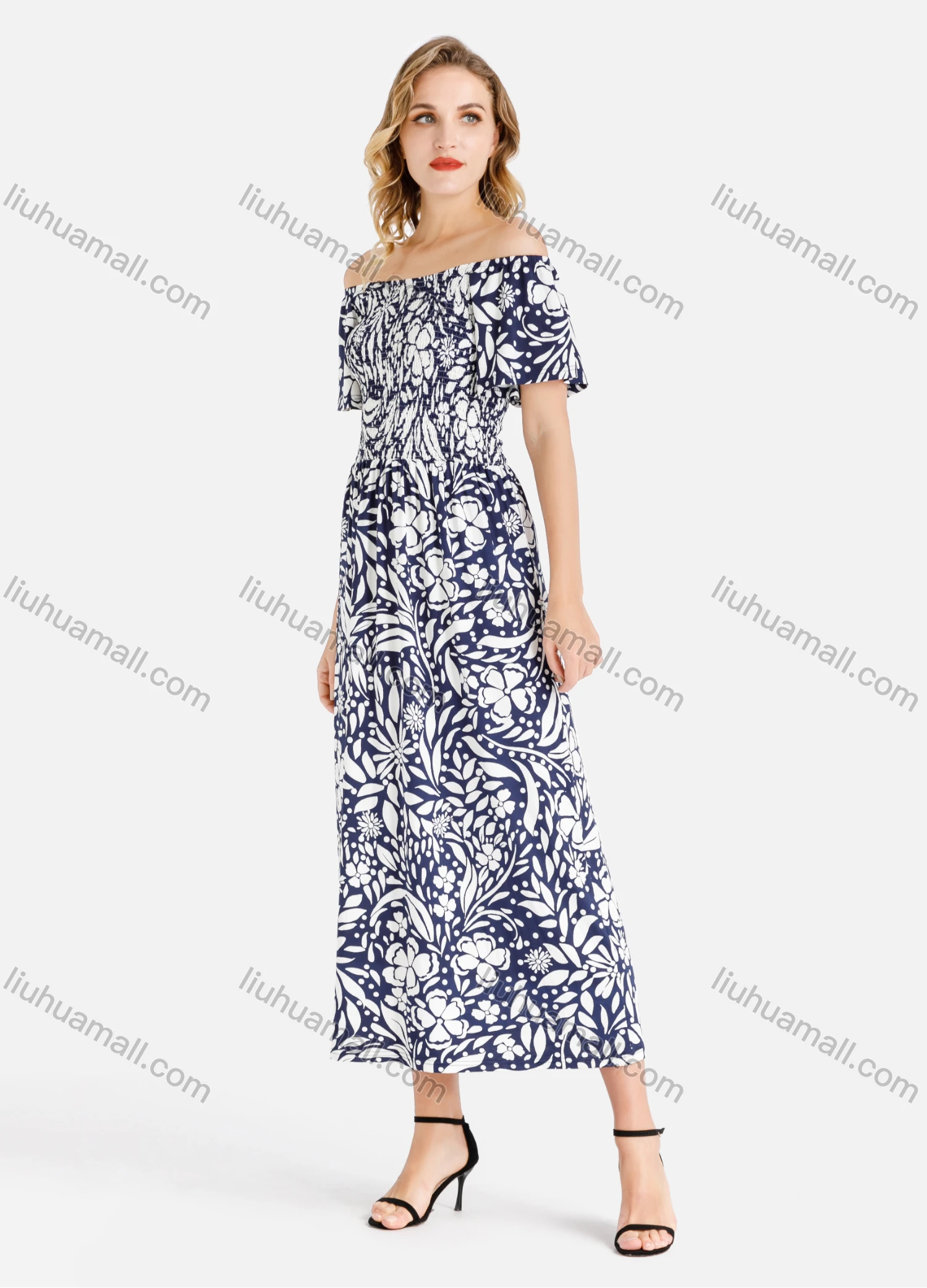 Wholesale Women's Casual Off Shoulder Allover Print Shirred Midi Slim Fit Dress - Liuhuamall