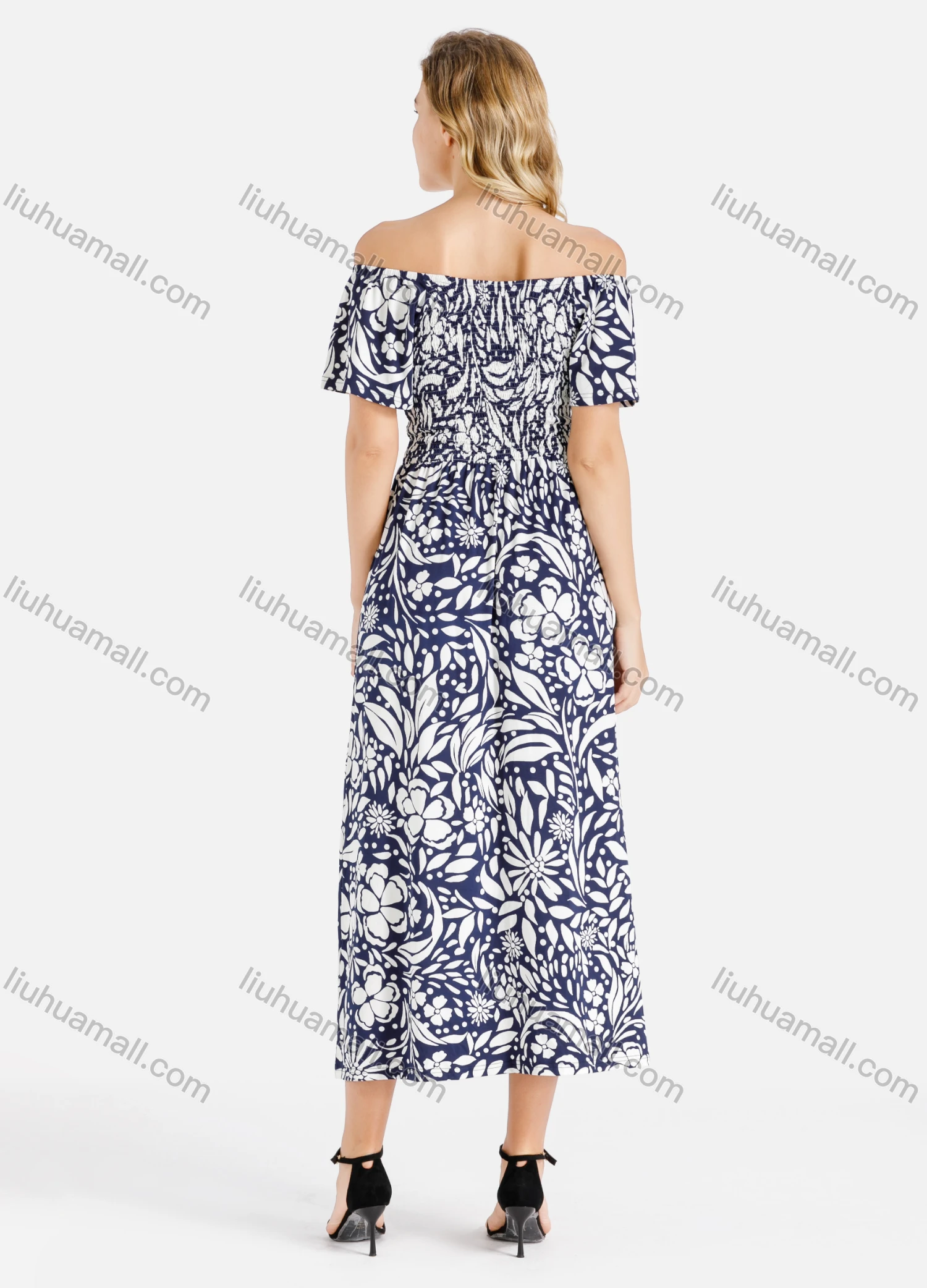 Wholesale Women's Casual Off Shoulder Allover Print Shirred Midi Slim Fit Dress - Liuhuamall