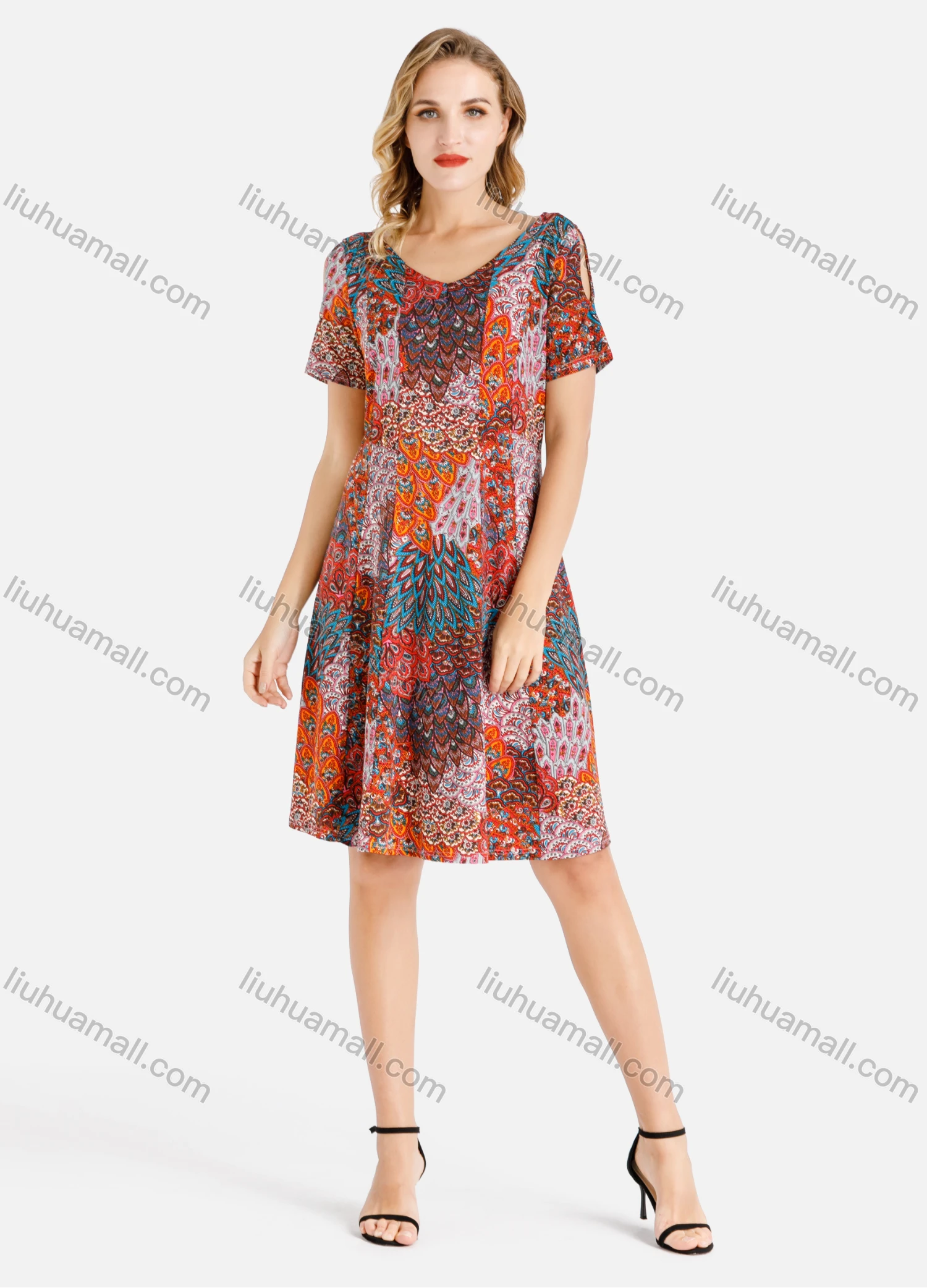 Wholesale Women's V Neck Hollow Out Multi-color Feather Print Knee Length Dress - Liuhuamall