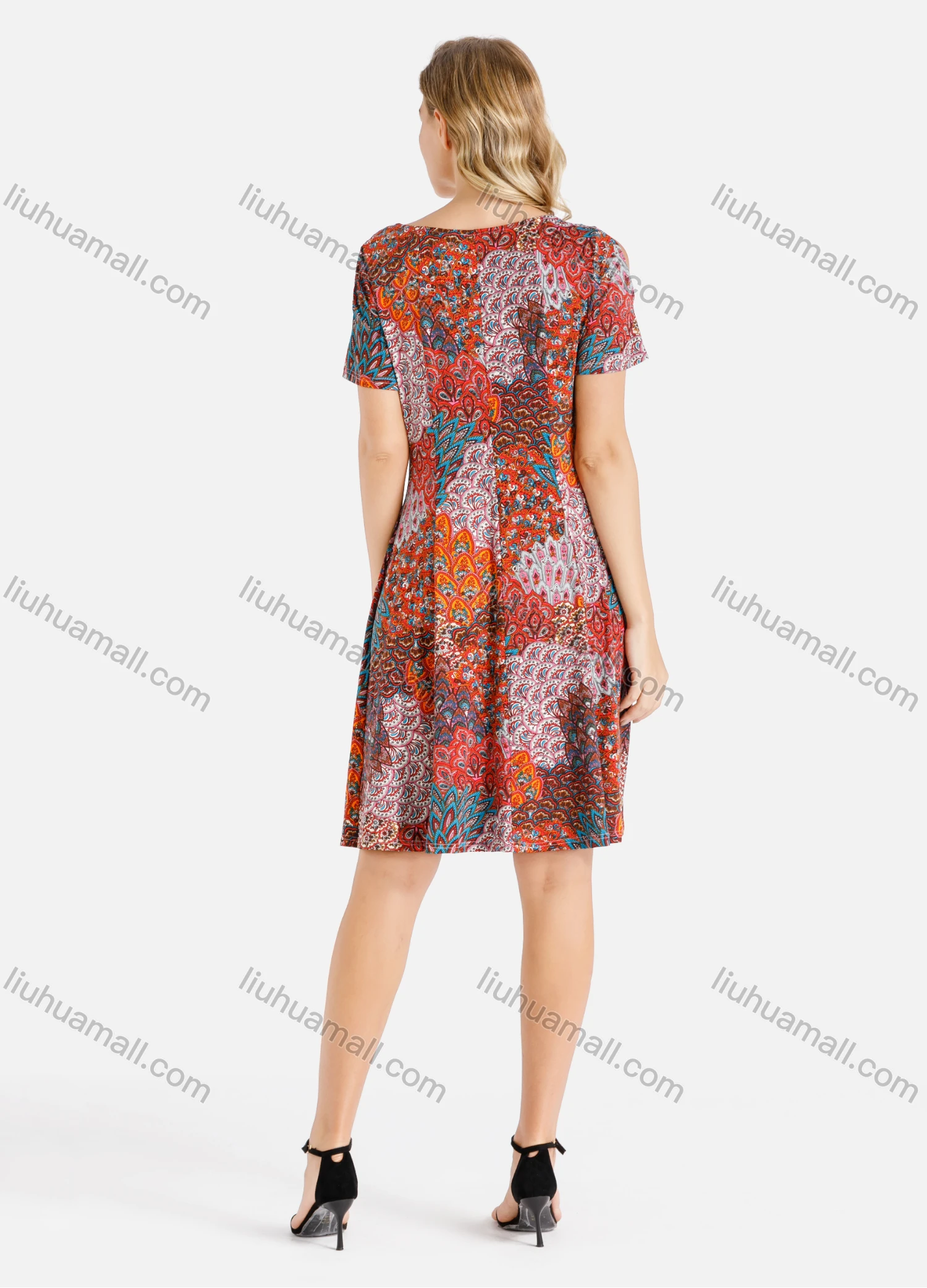 Wholesale Women's V Neck Hollow Out Multi-color Feather Print Knee Length Dress - Liuhuamall