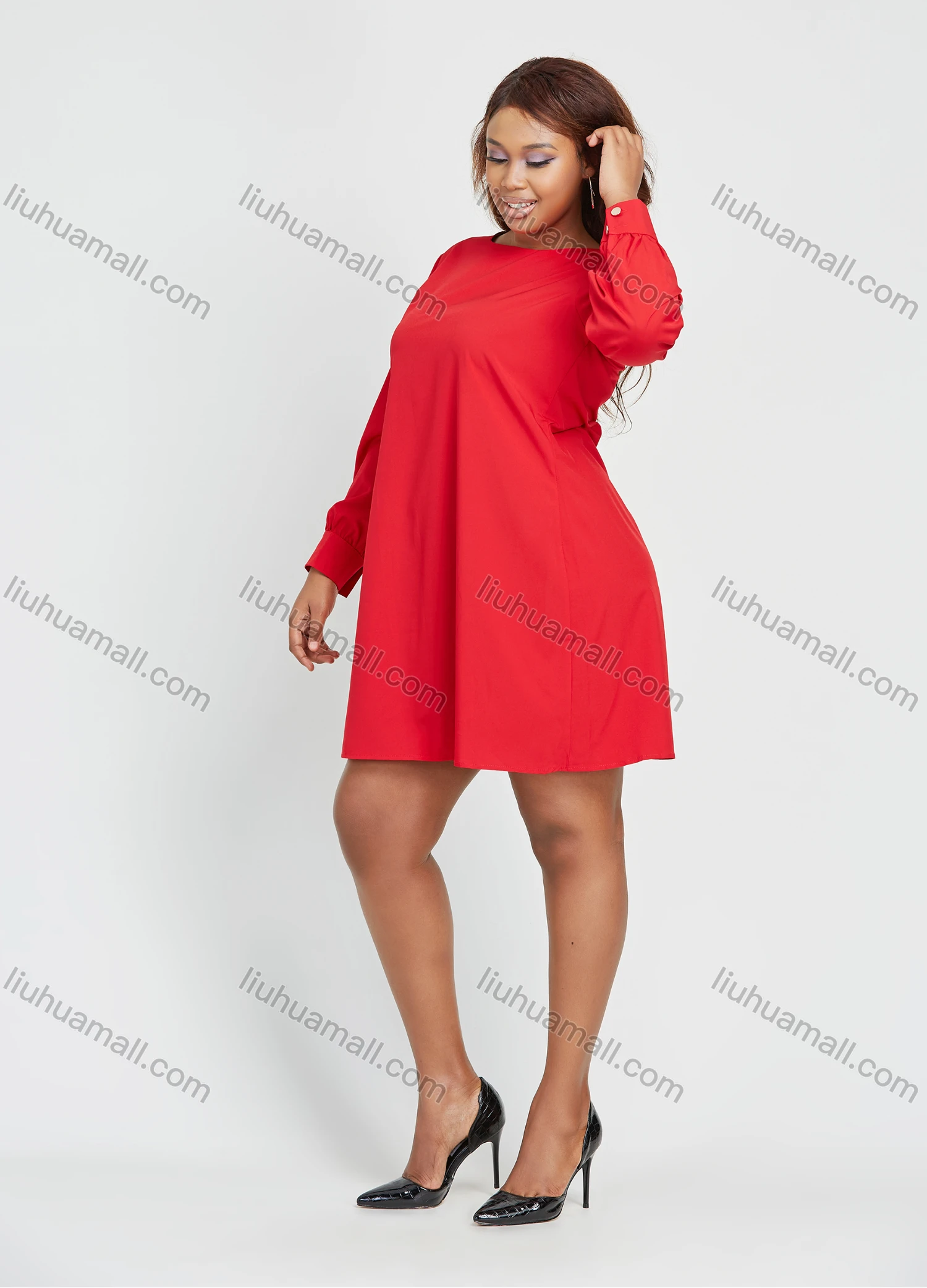 Wholesale Women's Fashion Plain Round Neck Button Back Short Dress - Liuhuamall