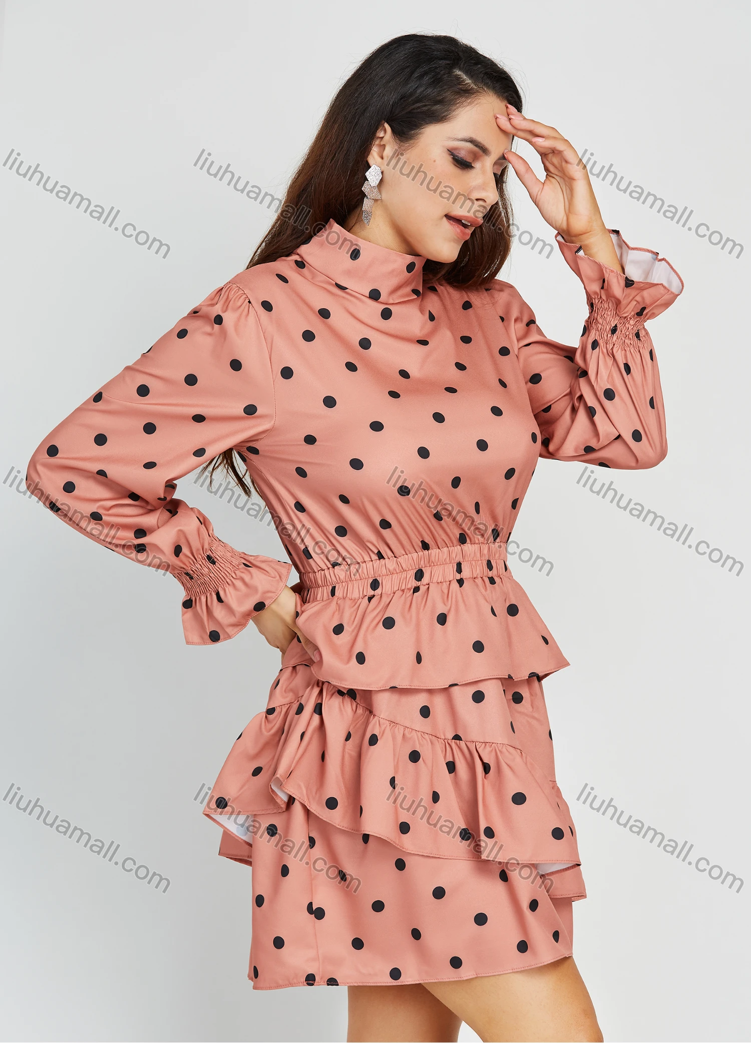 Wholesale Women's Fashion Mock Neck Polks Dot Print Ruffle Layered Short Dress - Liuhuamall