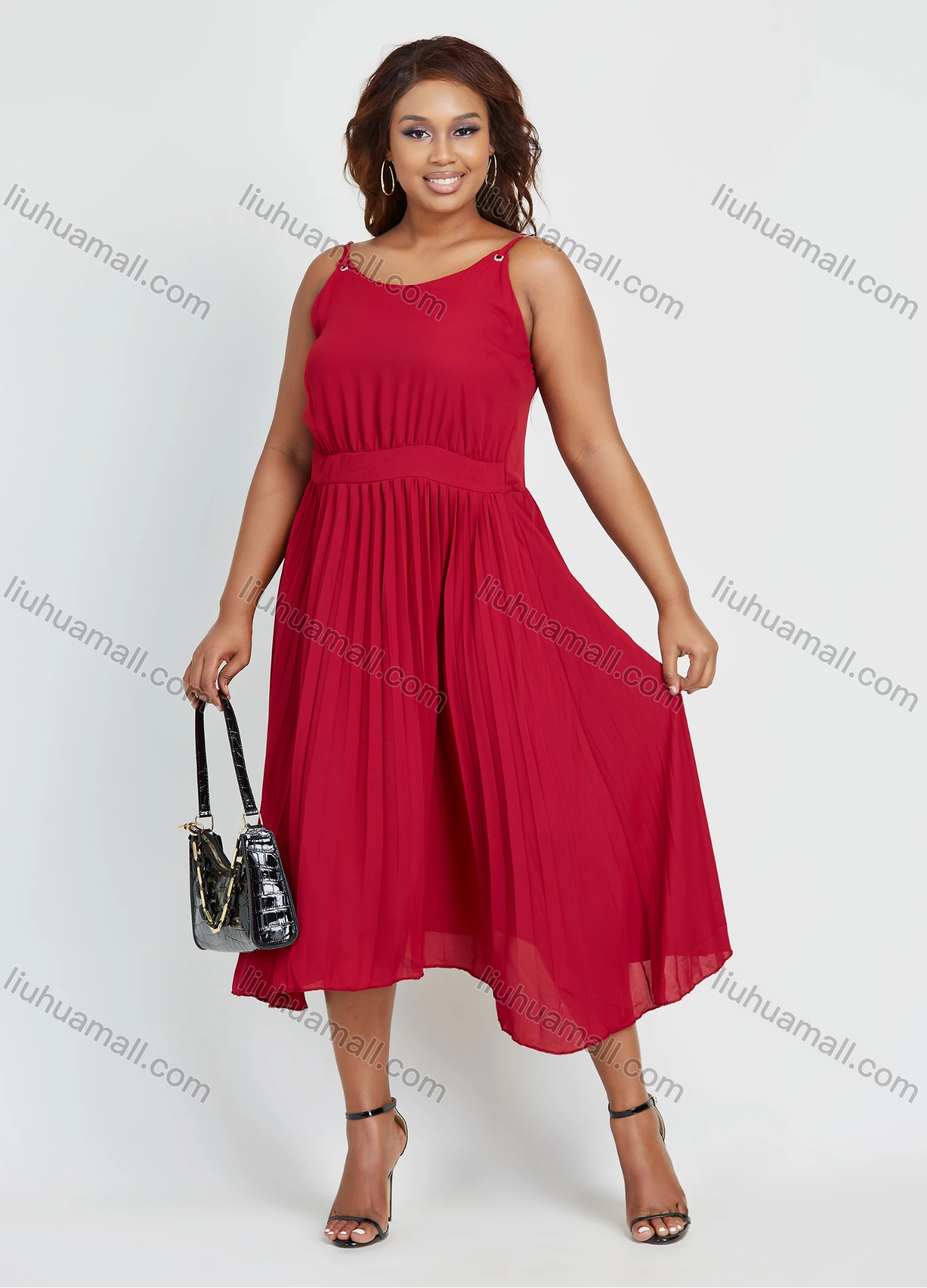 Wholesale Women's Casual Chiffon Plain Round Neck Zip Back Midi Cami Dress - Liuhuamall