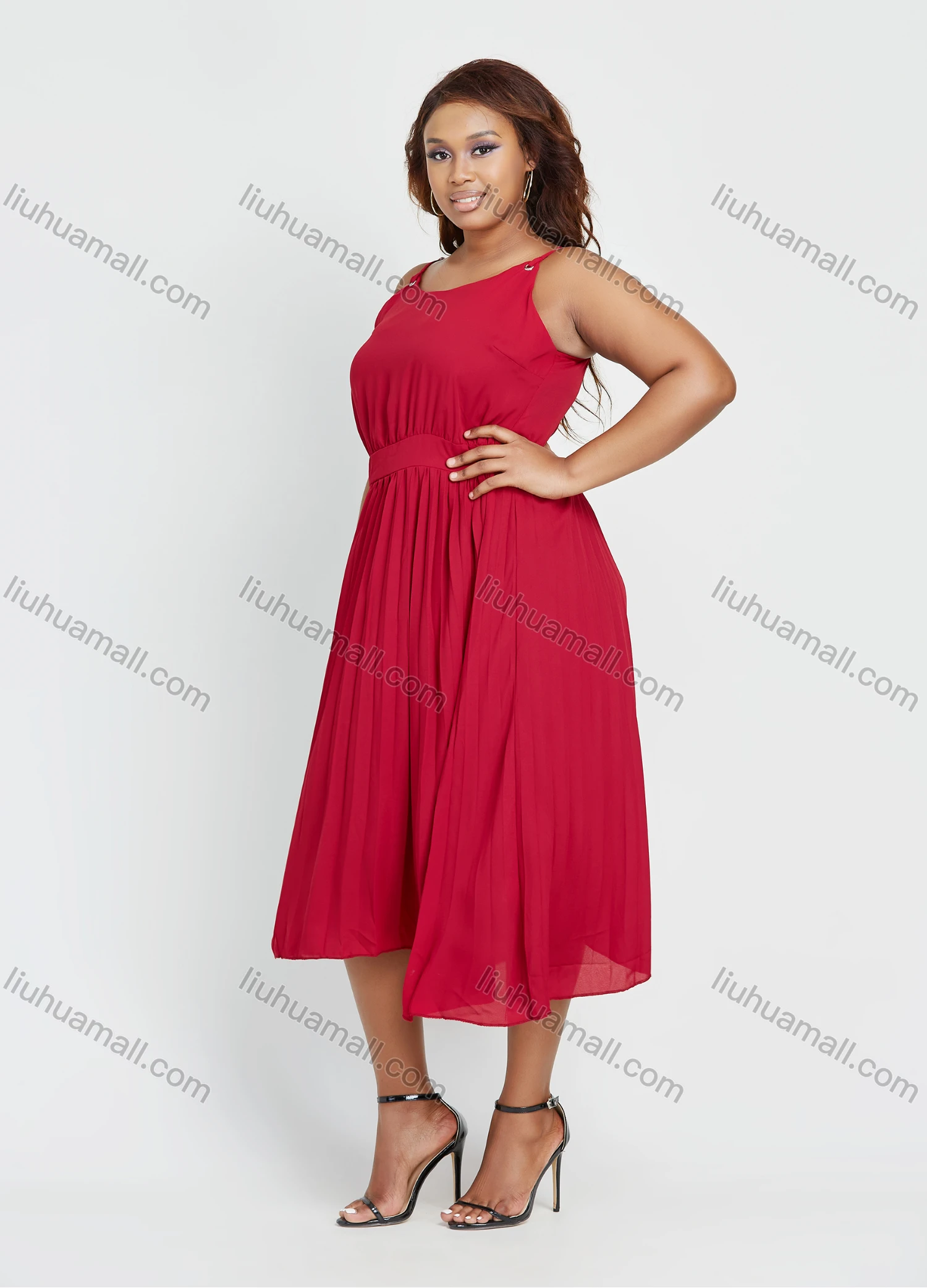 Wholesale Women's Casual Chiffon Plain Round Neck Zip Back Midi Cami Dress - Liuhuamall