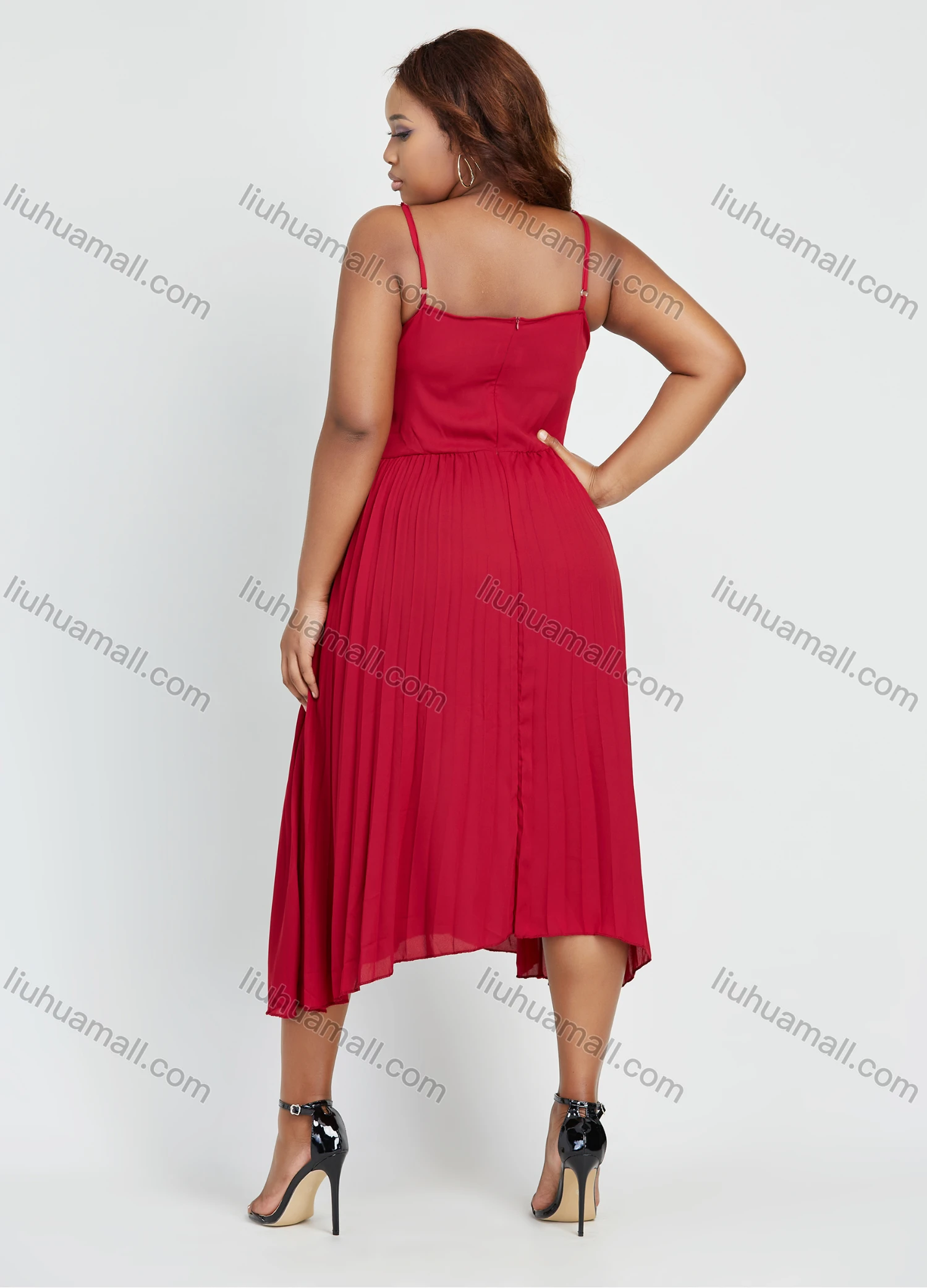 Wholesale Women's Casual Chiffon Plain Round Neck Zip Back Midi Cami Dress - Liuhuamall