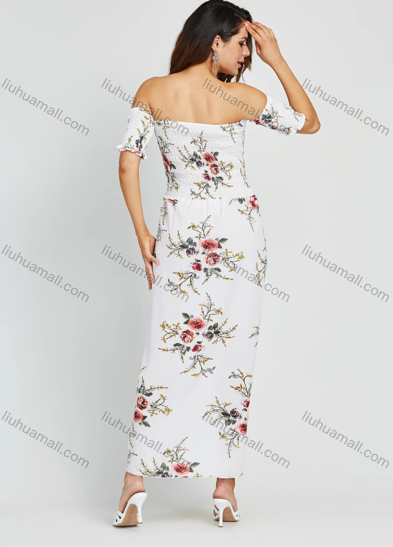 Wholesale Women's Vacation Chiffon Off Shoulder Floral Print Slit Hem Shirred Maxi Dress - Liuhuamall