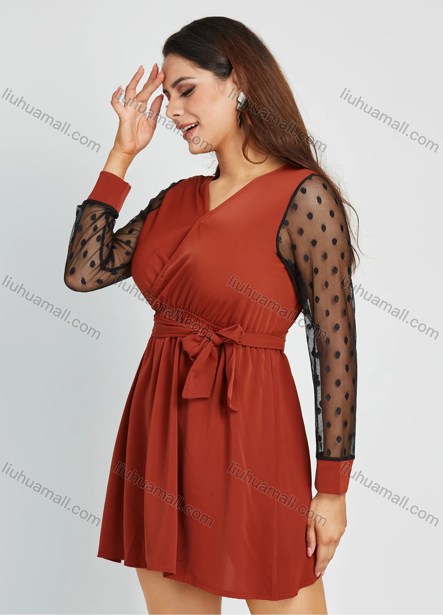 Wholesale Women's Fashion Chiffon V Neck Semi-sheer Mesh Sleeve Wrap Short Pleated Dress With Belt - Liuhuamall