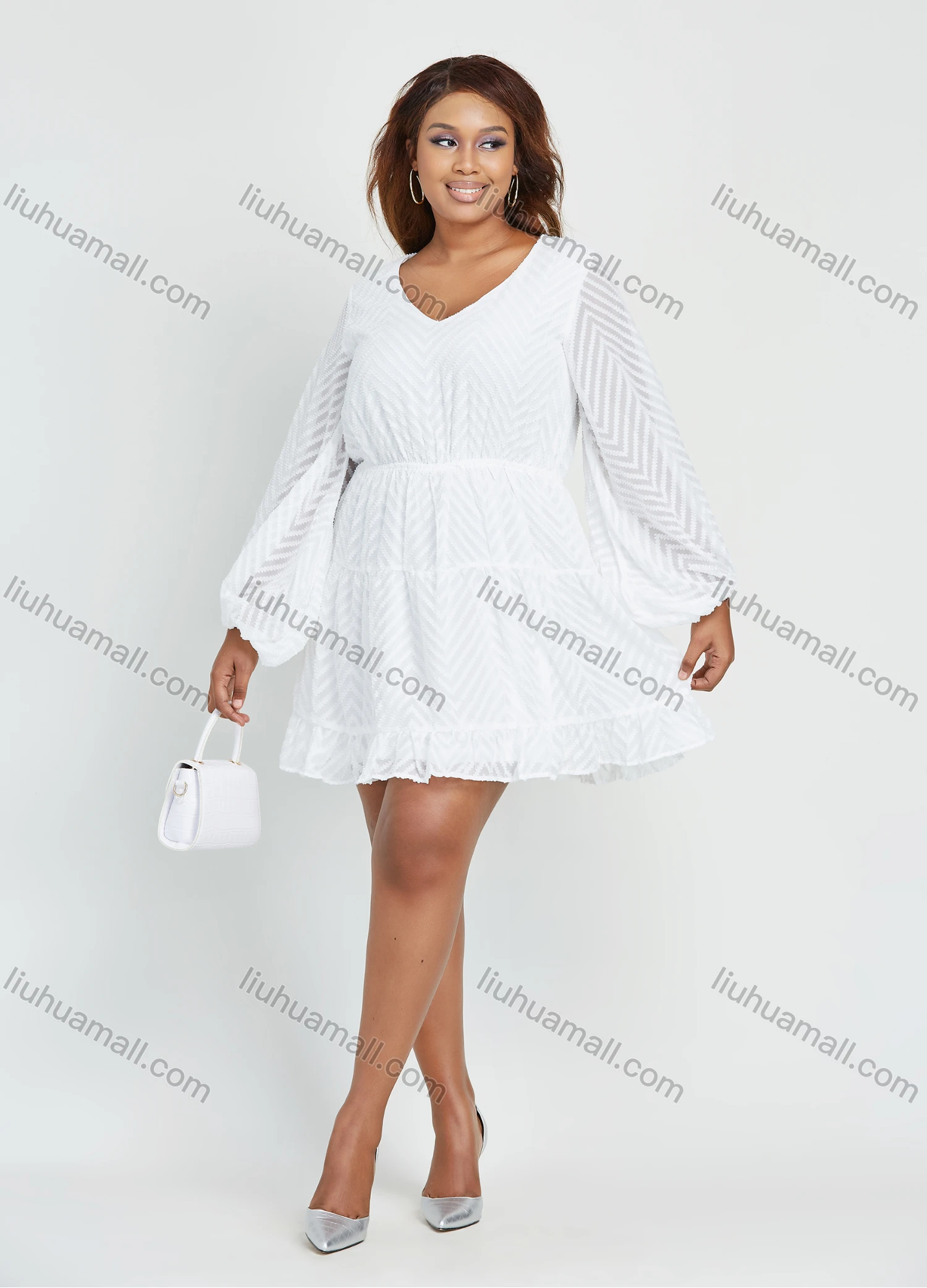 Wholesale Women's Casual V Neck Puff Sleeve Plain Chevron Mesh Short Dress - Liuhuamall